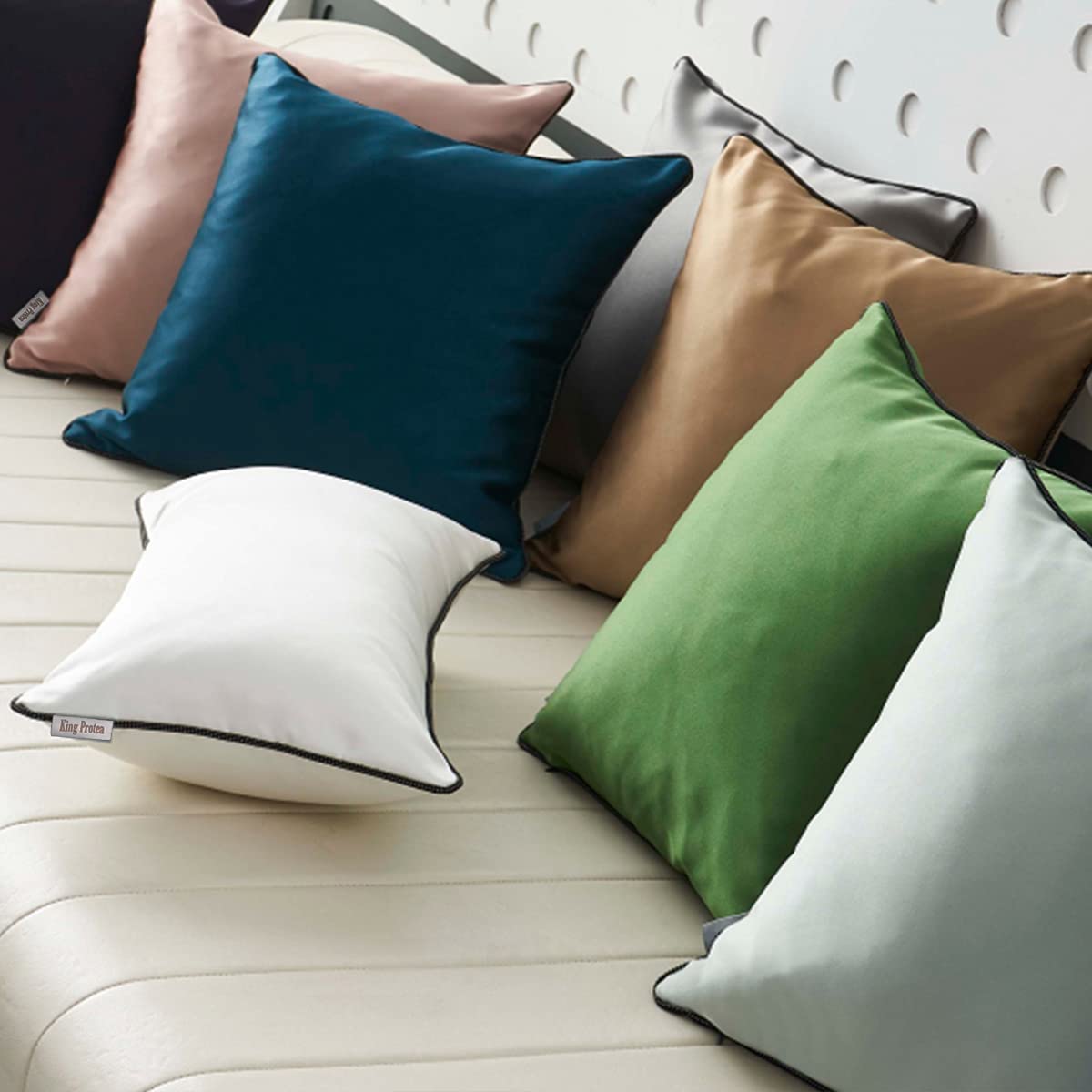 King Protea Silver Grey Decorative Throw Pillow Covers - Soft Heavy Satin Fabric with Black & White Piping - 18x18 Inch (45x45cm) Square Cushion Cases for Sofa, Couch, Bed & Chair - Pack of 2 - Perfect for Living Room Decor, Bedroom Accents & Home Styling