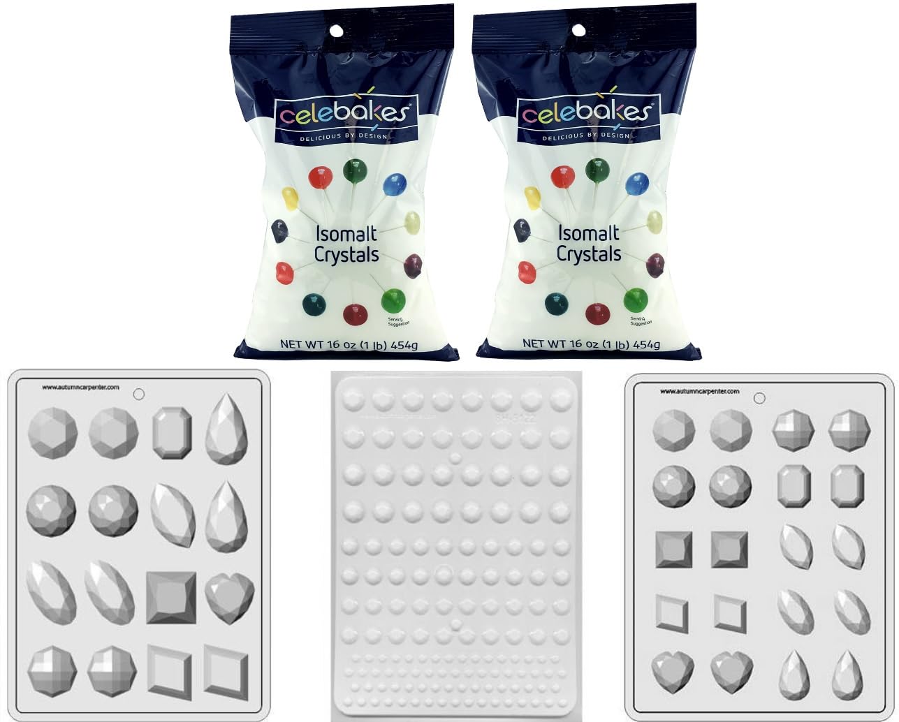 Premium Isomalt Crystals with 3-Piece Jewel Gem Molds Set - Large, Medium & Small Hard Candy Molds for Cake Decorating, DIY Desserts & Edible Crafts