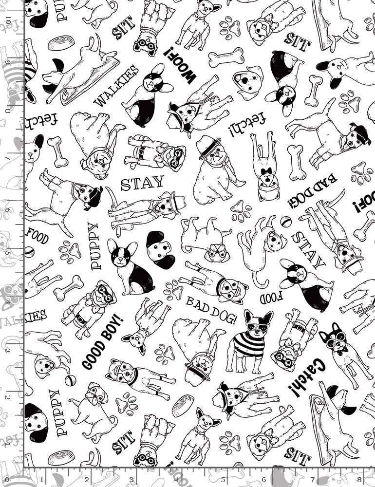 Timeless Treasures Quilt Fabric - Cartoon Dogs Print Style C8920 in Black & White for DIY Quilting, Sewing Projects & Home Decor