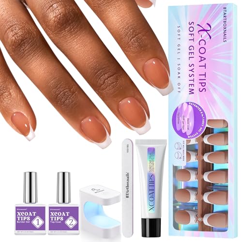 BTArtbox French Gel Press On Nails Kit - Short Coffin Shape with Brown French Tips | XCOATTIPS Nail Art Designs | Perfect for Weddings, Parties & Everyday Wear