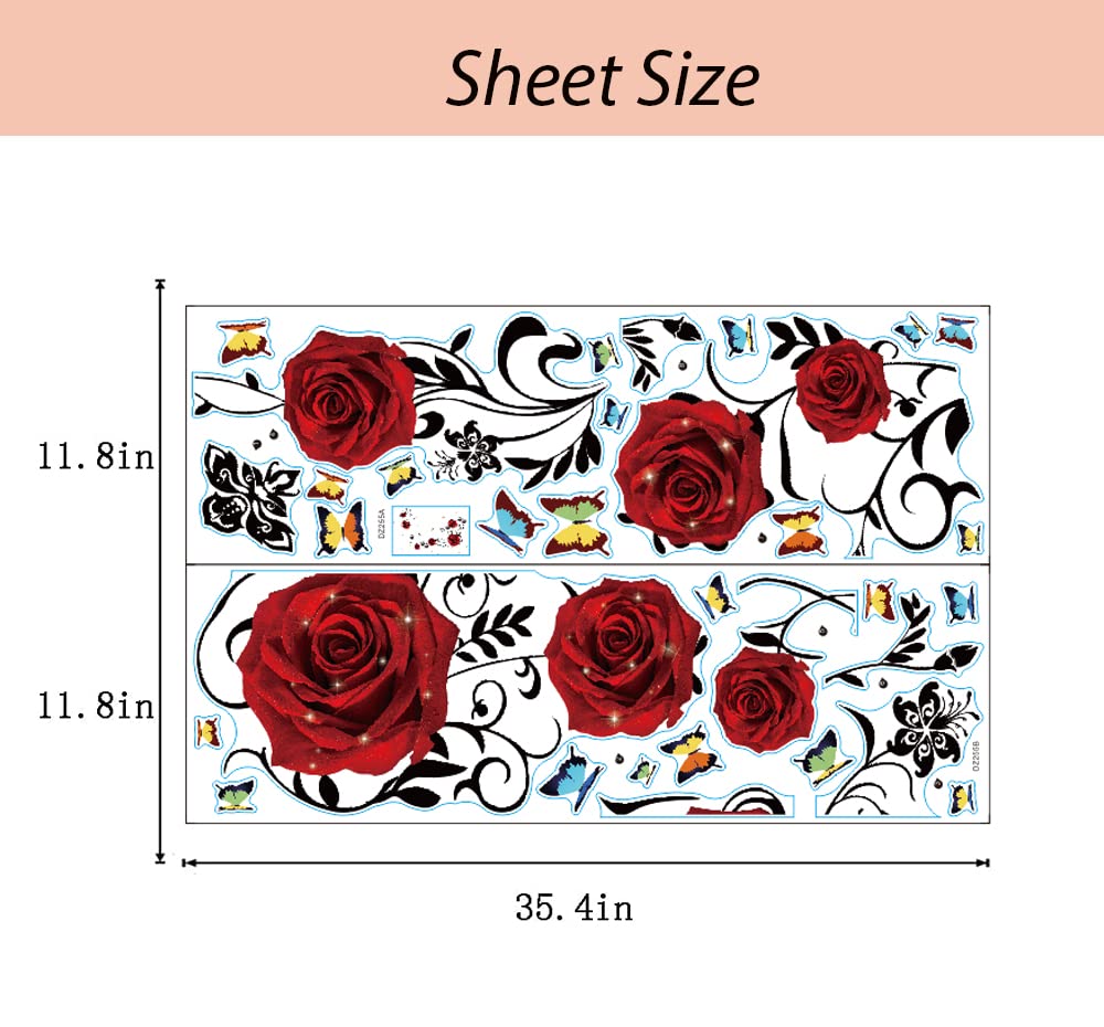 Supzone Red Rose Wall Stickers - DIY Vinyl Floral Wall Decal for Bedroom, Living Room, TV Backdrop | Elegant Rose & Peony Flower Vine Mural Art | Perfect for Home Decor, Wedding, Nursery & Office Wall Decoration
