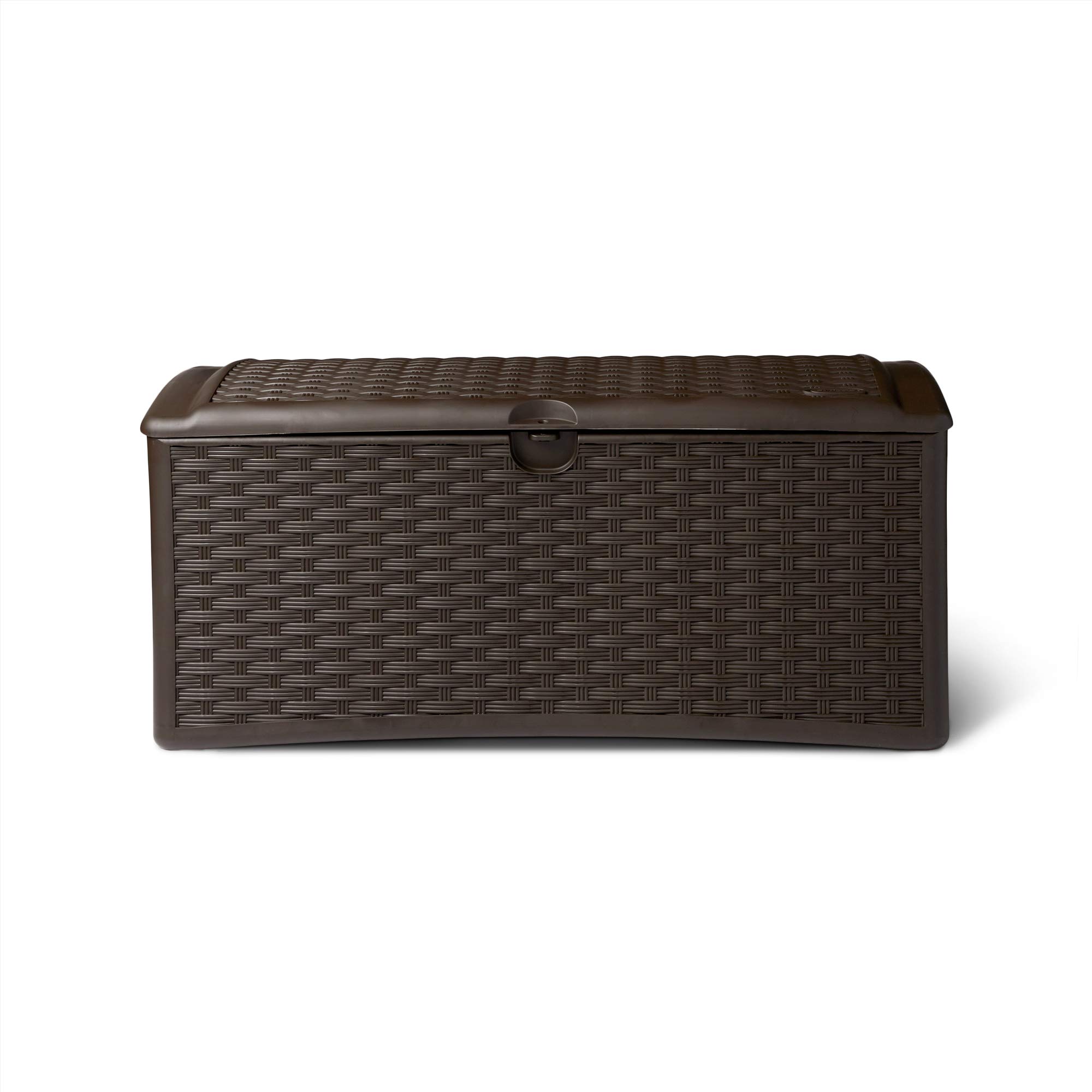 Suncast 72 Gallon Outdoor Storage Deck Box - Easy Assembly Plastic Wicker Patio Furniture Cover for Cushions, Pillows & Accessories | Weather-Resistant Deck Box for Backyard, Poolside & Garden Organization (Brown)