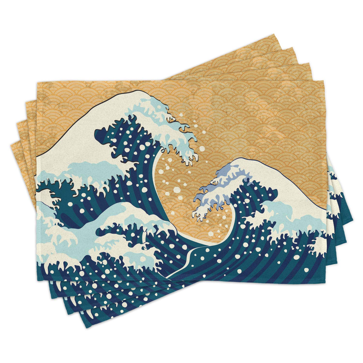 Ambesonne Japanese Wave Place Mats Set of 4 - Traditional Sea Storm Design with Foamy Waves, Washable Fabric Table Mats for Dining Room, Kitchen, or Outdoor Picnic - Standard Size in Yellow & Blue