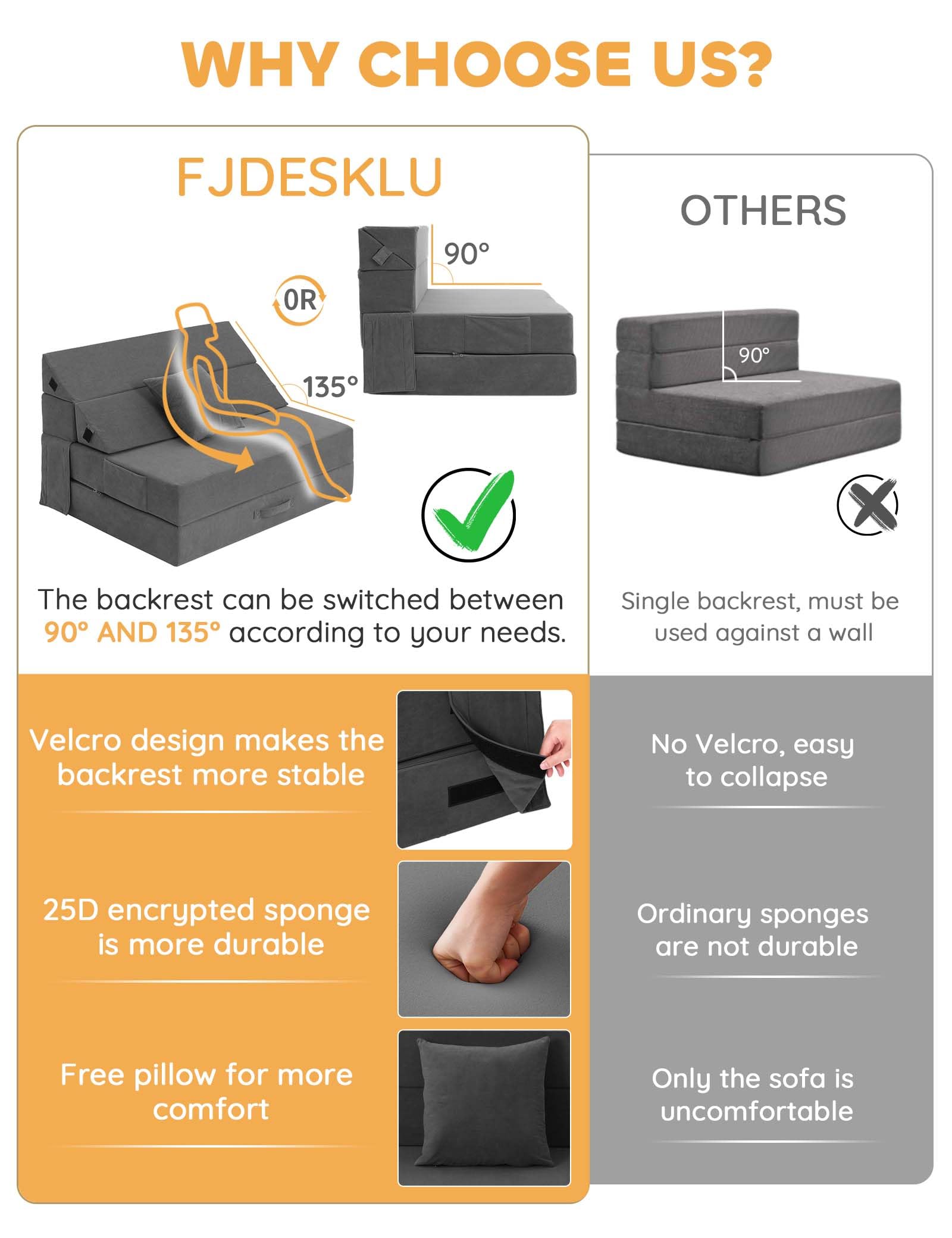 Convertible Folding Sofa Bed - Comfortable Sleeper Chair with Sturdy Back Support, Storage Pocket & Removable Pillow | Durable Fabric & Space-Saving Design for Small Apartments, Guest Rooms, Dorm Rooms | Perfect for Napping, Yoga, Reading & Relaxing (Grey)