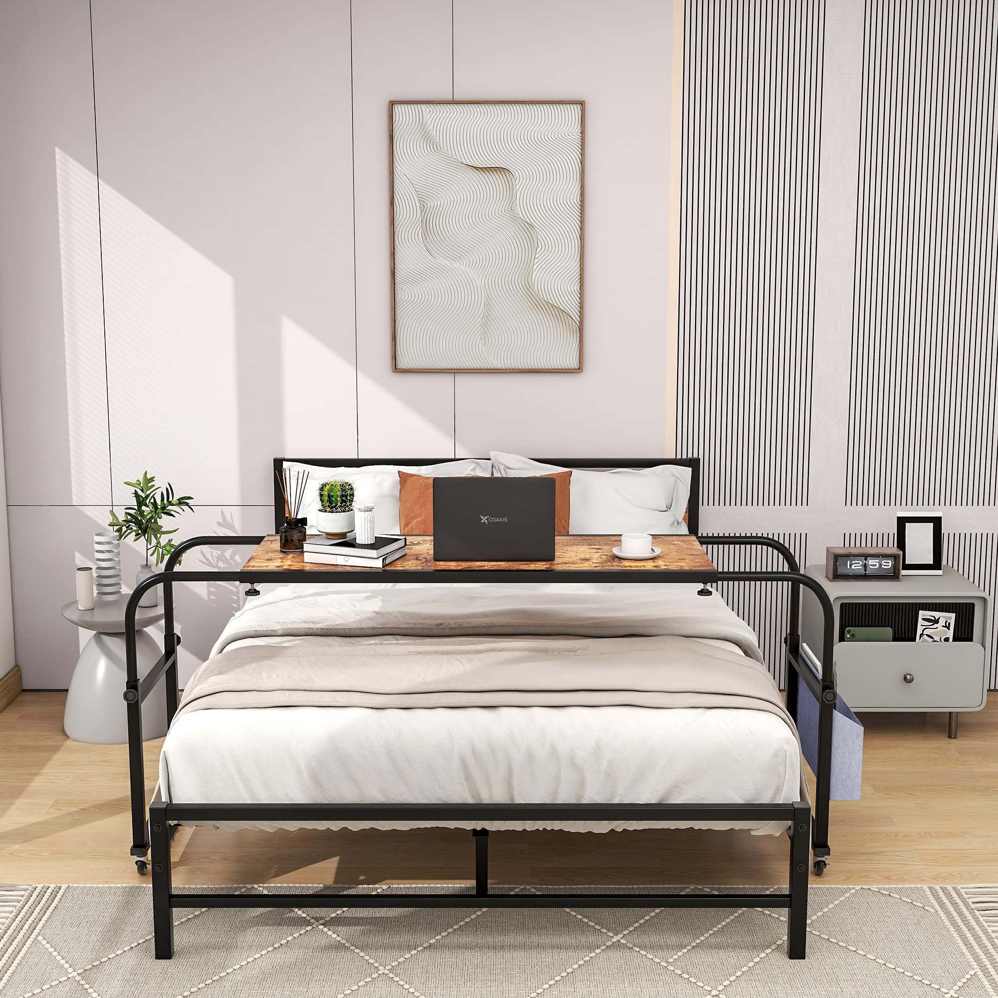 Adjustable Overbed Table with Wheels - Heavy Duty Hospital Bedside Desk, Queen Size Rolling Computer Table for Laptop, Standing Workstation - Perfect for Home, Office, and Patient Care (Black & Rustic Brown)