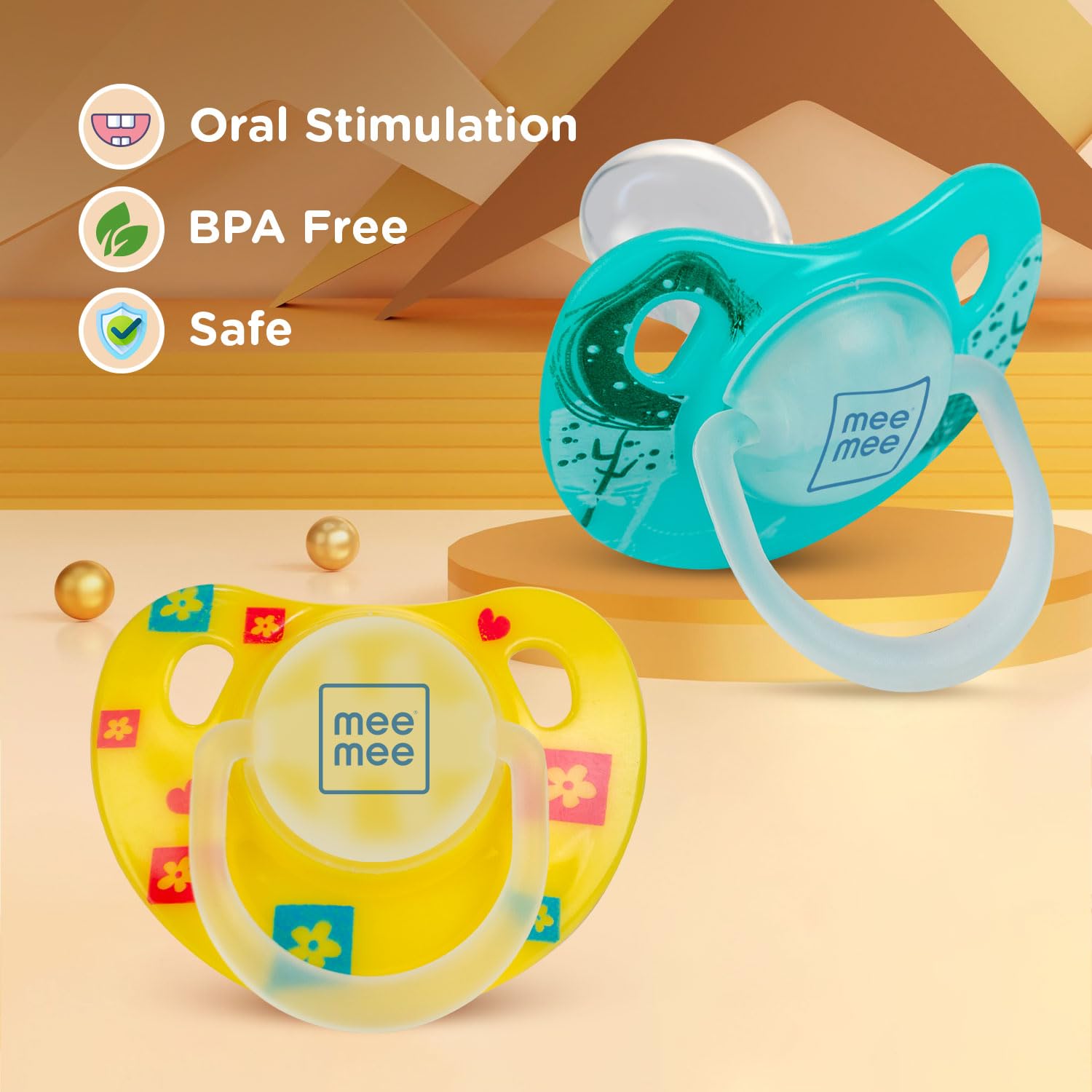 Mee Mee Orthodontic Baby Pacifier - BPA Free, Newborn to 6 Months, Yellow & Green Soothing Teether - Perfect for Daytime Comfort & Nighttime Sleep