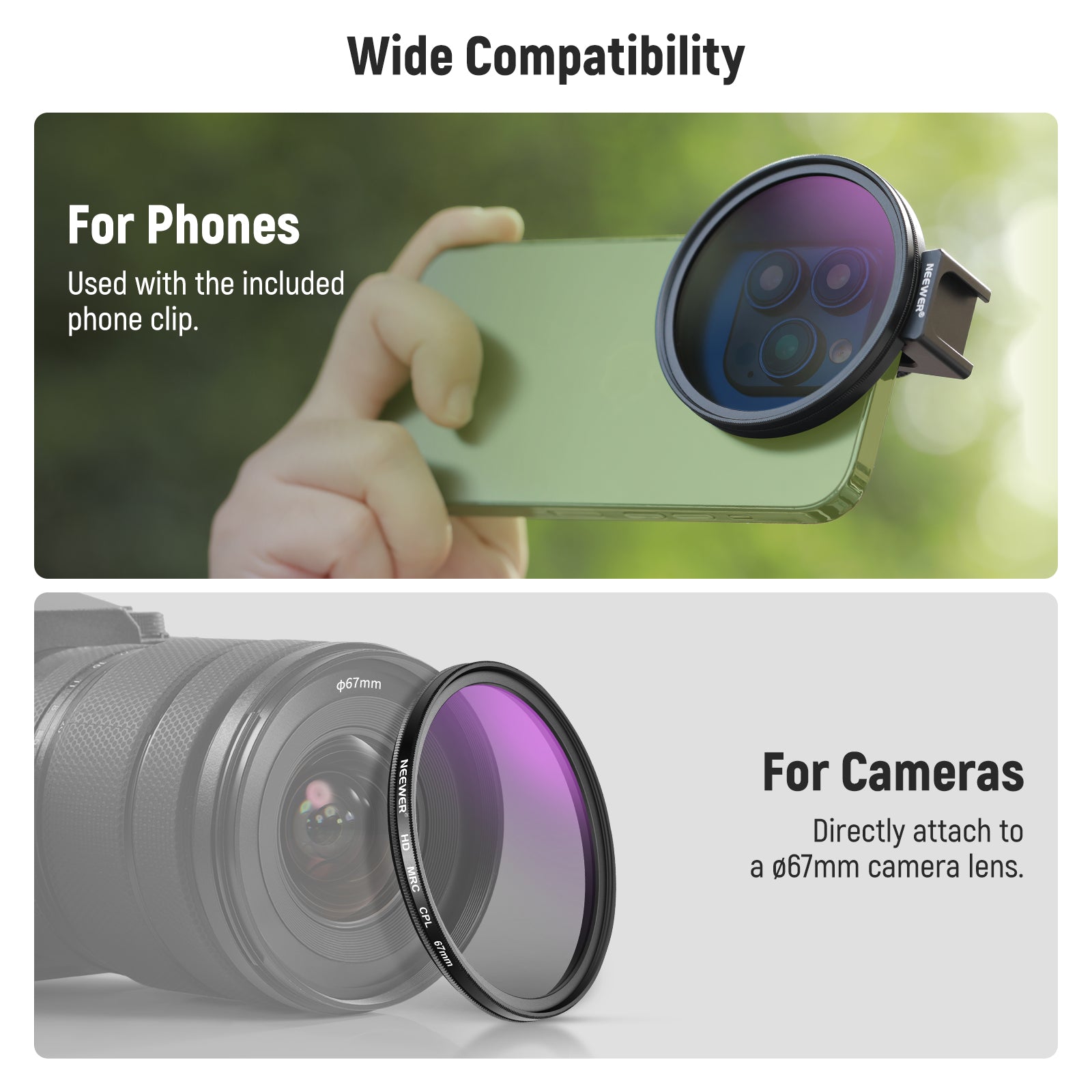 NEEWER FL 78 67mm HD CPL Camera Lens Filter with Cold Shoe Phone Clip - Perfect for DSLR, Mirrorless & Smartphone Photography, Vlogging & Video Shooting