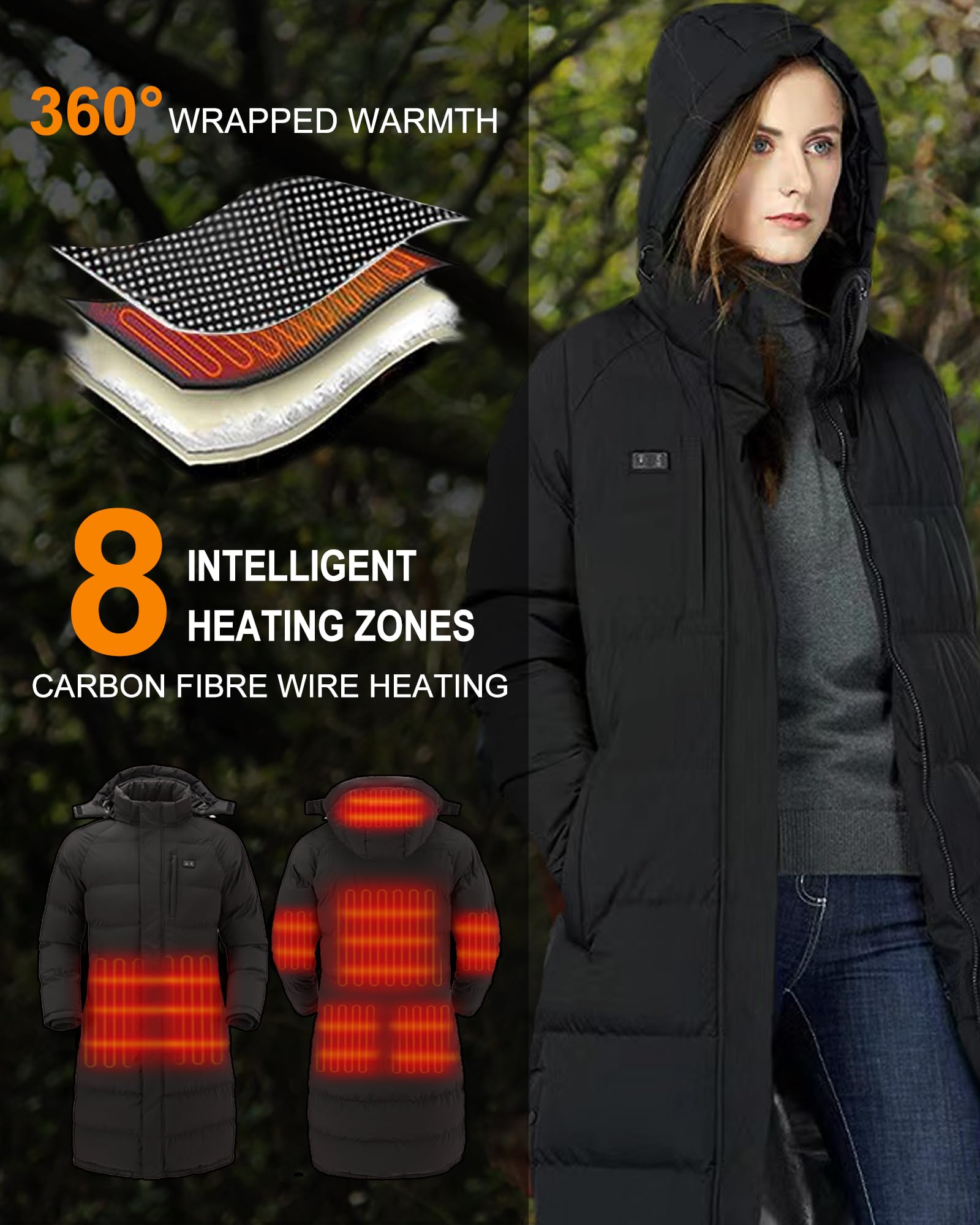 Women's Heated Winter Jacket with Rechargeable Battery Pack - Windproof Long Coat for Outdoor Activities, Hiking & Cold Weather