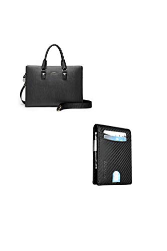 BOSTANTEN Genuine Leather Slim Briefcase for Men & Women - Professional Laptop Business Shoulder Bag with RFID Blocking Bifold Wallet & Money Clip - Black (Ideal for Office, Travel, and Business Meetings)