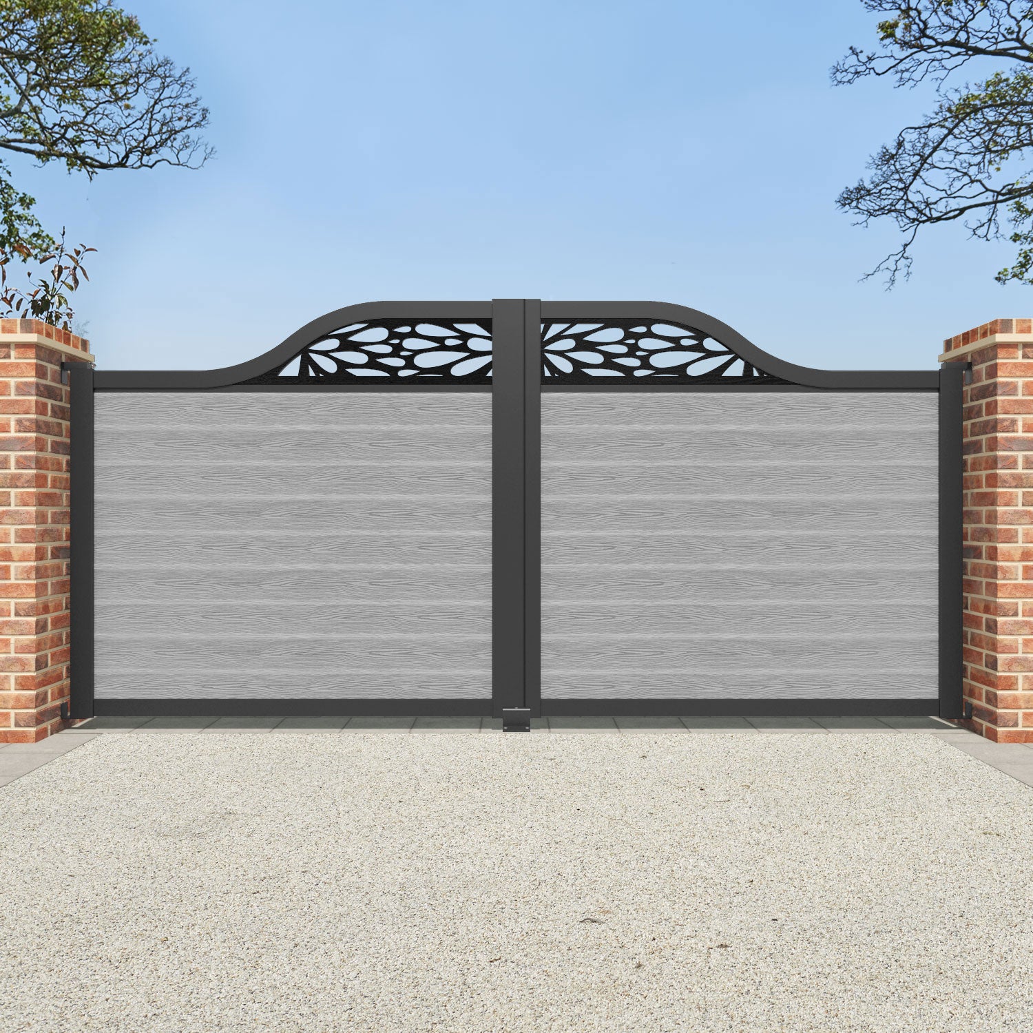 Classic Blossom Curved Top Driveway Gate - Light Grey Powder-Coated Steel with Decorative Top Screen - Perfect for Home Security & Garden Aesthetics