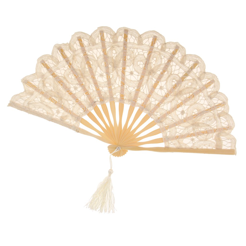 Bonarty Vintage Chinese Lace Folding Hand Fan - Elegant Beige Wedding Dance Fan for Costume Parties, Performances & Cultural Events