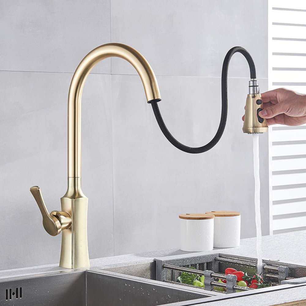 CAIDAI&YL Brushed Gold Kitchen Faucet - Pull Out Sprayer with 2 Functions, Hot and Cold Water Mixer, Durable Brass Construction - Perfect for Modern Kitchens and Restaurant Prep Areas