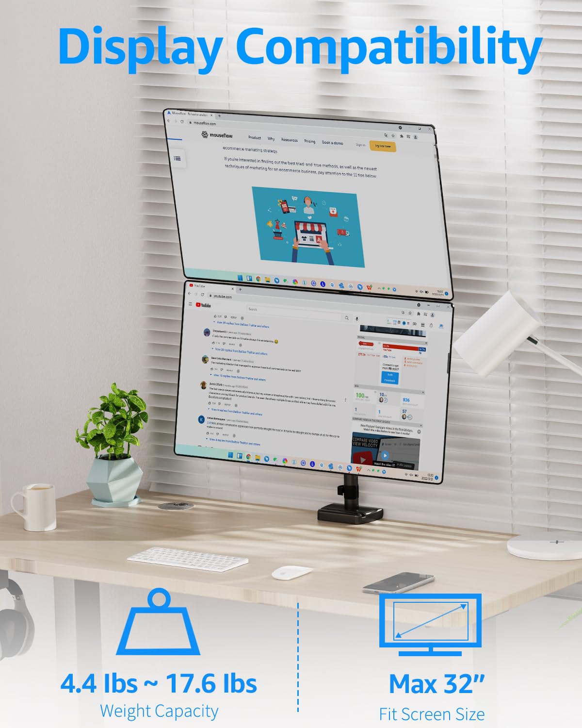 MOUNTUP Vertical Dual Monitor Stand - Heavy Duty Gas Spring Arm for 32 Inch Screens (4.4-17.6lbs), VESA 75x75/100x100 Mount with Clamp/Grommet Base - MU6012A - Perfect for Home Office, Gaming Setup & Workspace Ergonomics