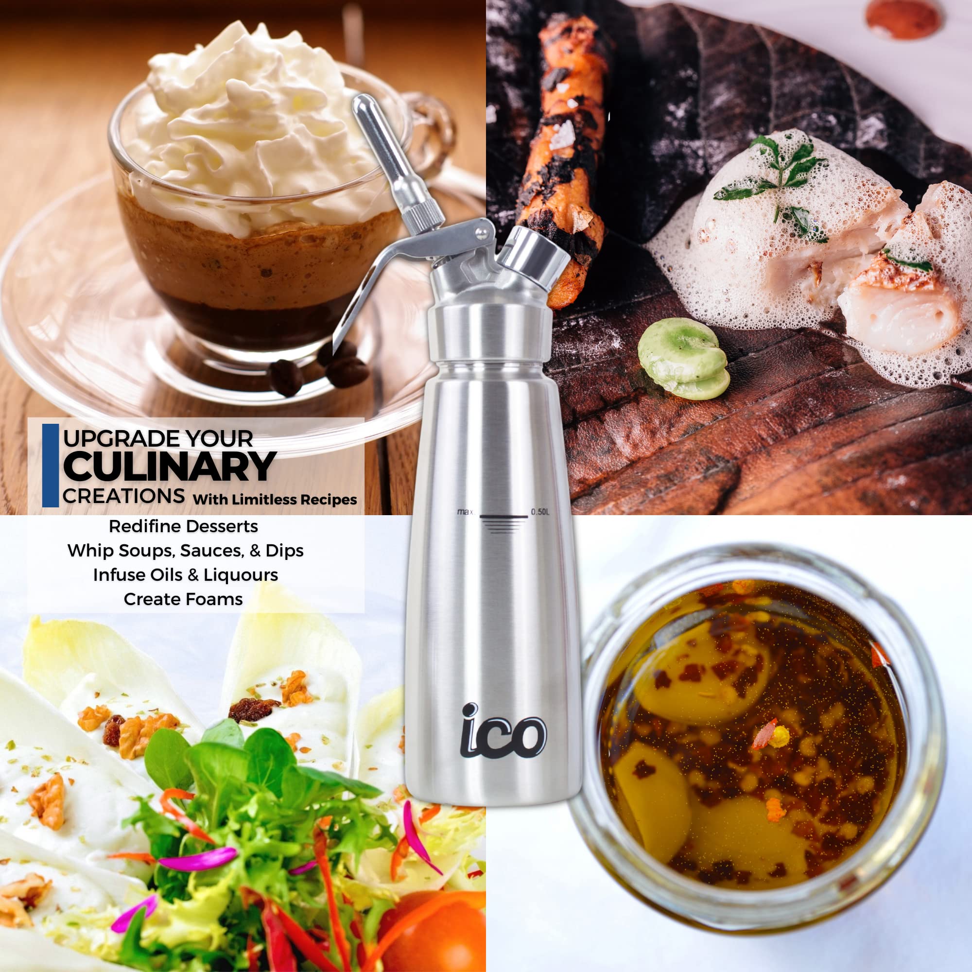Professional Stainless Steel Whipped Cream Dispenser 0.5L (1 Pint) - Perfect for Homemade Whipping Cream, Desserts, Dips, Sauces, Infused Oils & Cocktails | Ideal for Baking, Coffee Shops & Home Bartending