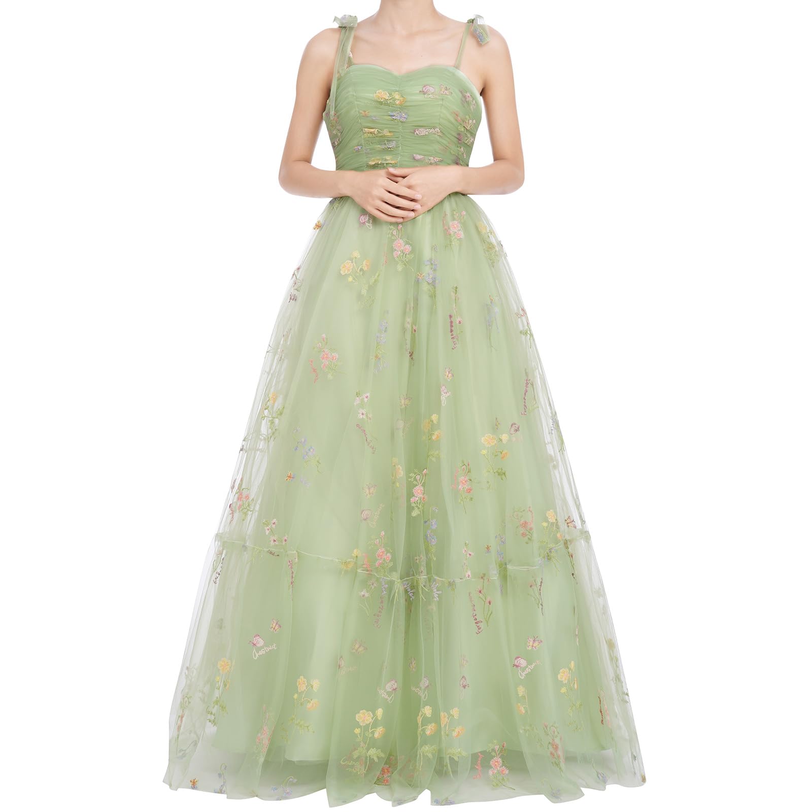Elegant Long Floral Embroidered Maxi Dress for Women - Spaghetti Strap Wedding Party Prom Gown with Tulle Skirt | Perfect for Formal Events, Beach Weddings & Summer Evenings
