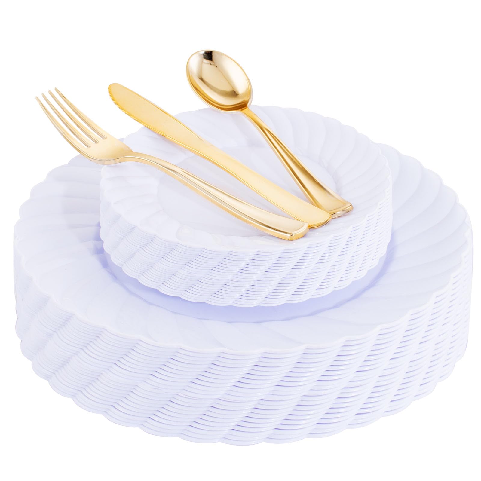 150-Pack White Plastic Dinner Plates & Gold Silverware Set - Heavy Duty Disposable Plates for Parties, Mothers Day, Events - Includes 30 Dinner Plates, 30 Dessert Plates, 30 Gold Plastic Cutlery - Perfect for Birthday Celebrations, Wedding Receptions & Holiday Gatherings