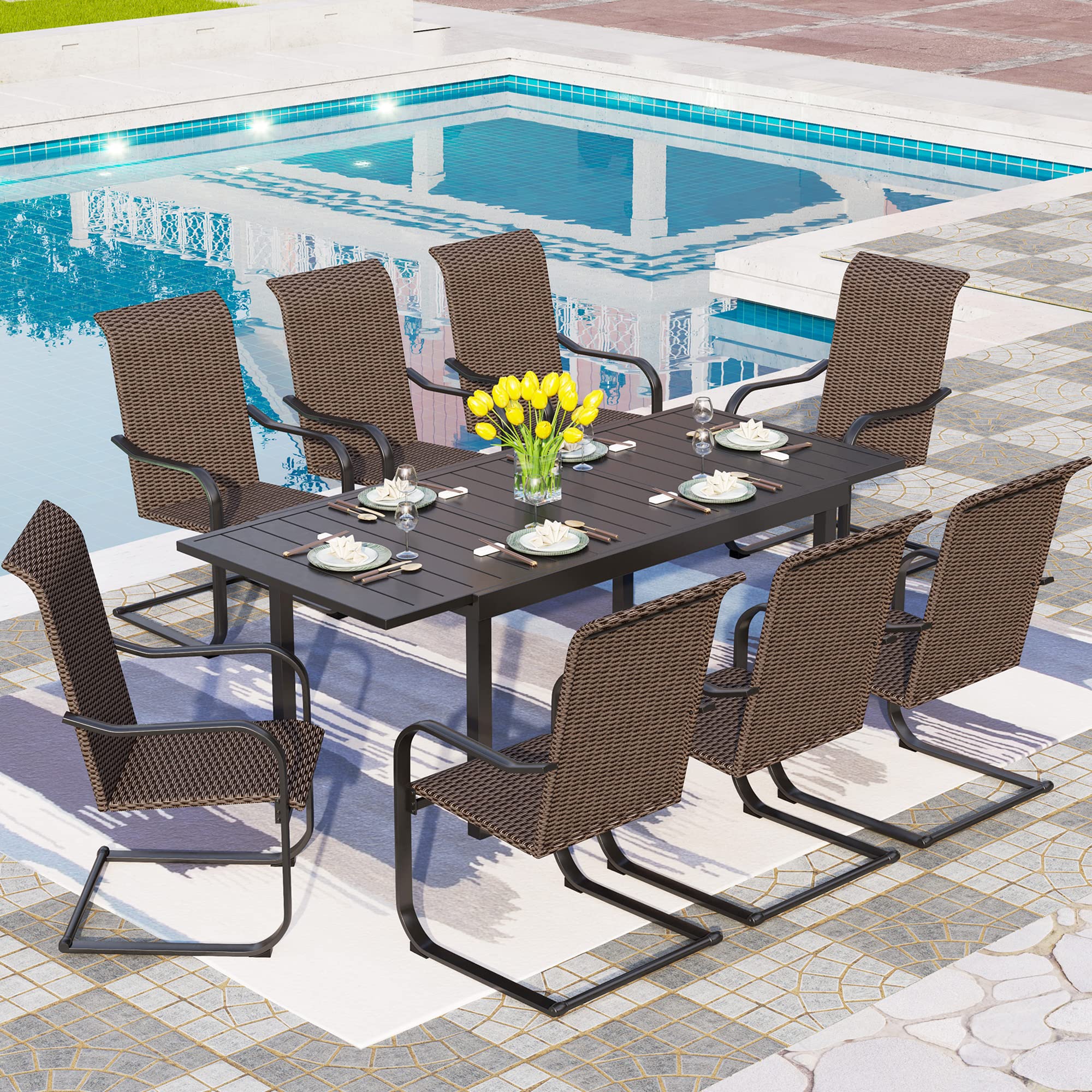 PHI VILLA 9-Piece Outdoor Wicker Dining Set - Expandable Rattan Patio Table with 8 Chairs for Garden, Poolside & Backyard Entertaining | Weather-Resistant Bistro Furniture for Restaurants & Home Decoration
