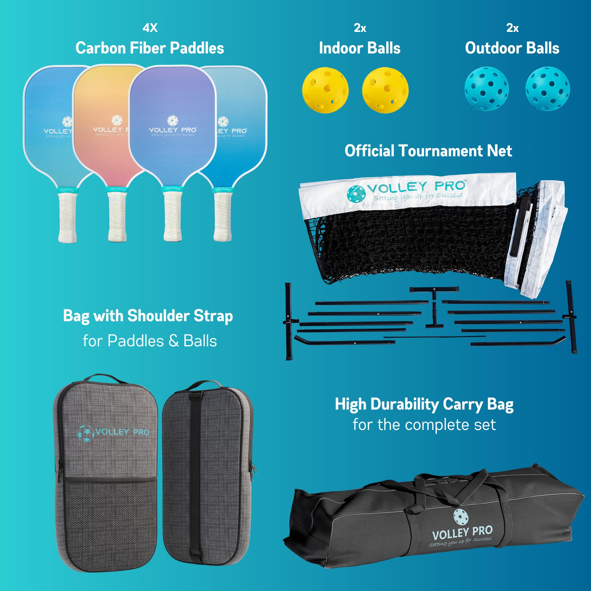 VolleyPro Portable Pickleball Set with Net - 4 Carbon Fiber Paddles, Duffle Bag, Regulation Size Net System, 4 Indoor/Outdoor Balls | Complete Pickleball Kit for Backyard, Beach & Court Games | Easy Assembly & Carry Bag Included