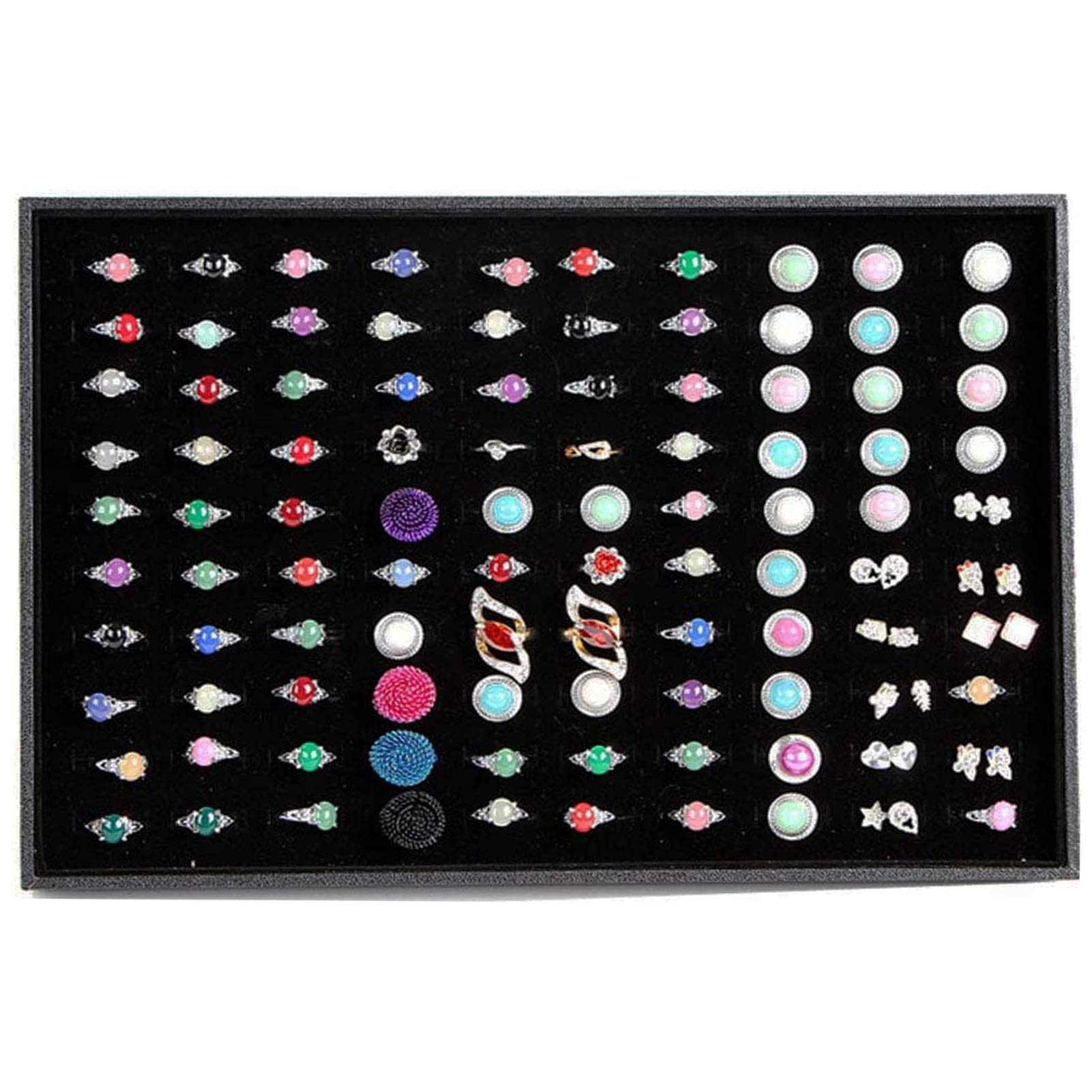 Papinimo Black Velvet 100 Slots Jewelry Organizer - Ring Earrings Tray Holder Display Box with Drawer Insert for Vanity & Dresser - Perfect for Jewelry Storage, Travel & Gift Packaging