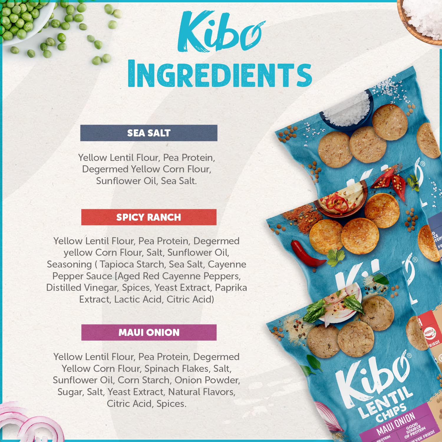 Kibo Lentil Chips Variety Pack - Gluten-Free, Vegan, Non-GMO, Plant-Based Snacks - Maui Onion, Sea Salt & Spicy Ranch Flavors - Made with Real Vegetables - 28g Bags (18 Pack) - Perfect for Parties, School Lunches & Healthy On-the-Go Snacking