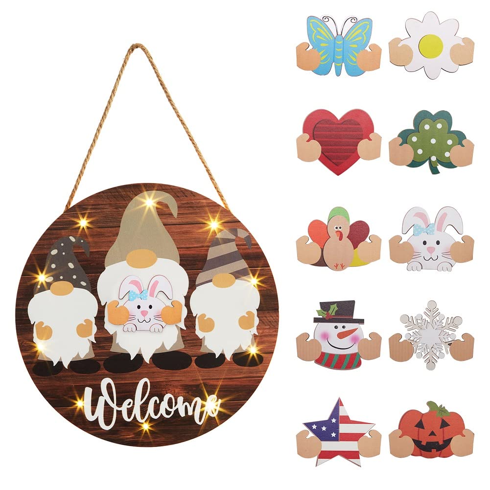 12 Inch Rustic Wooden Welcome Sign with 10 LED Lights - Interchangeable Seasonal Gnome Decor for Front Door, Modern Farmhouse Wall Art - Perfect for Holidays, Halloween, Thanksgiving & Christmas Home Decor