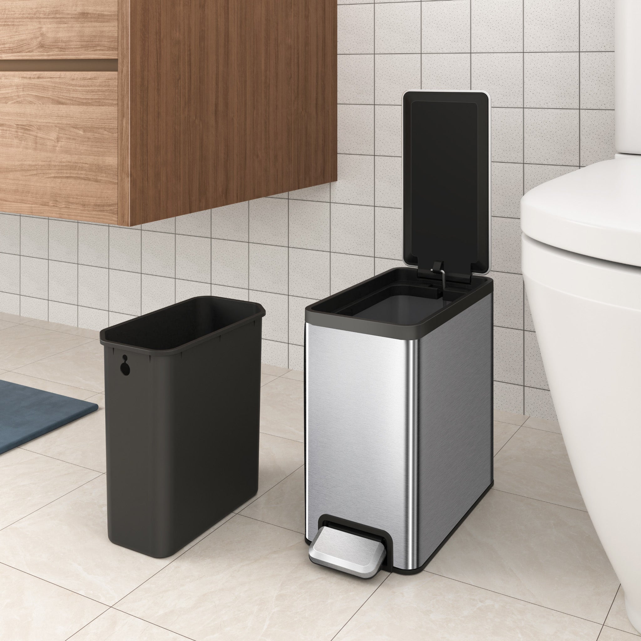 EcoCasa II Slim Step Trash Can with Liner – 6L / 1.6 Gallon Stainless Steel Kitchen Waste Bin for Small Spaces & Bathroom Use