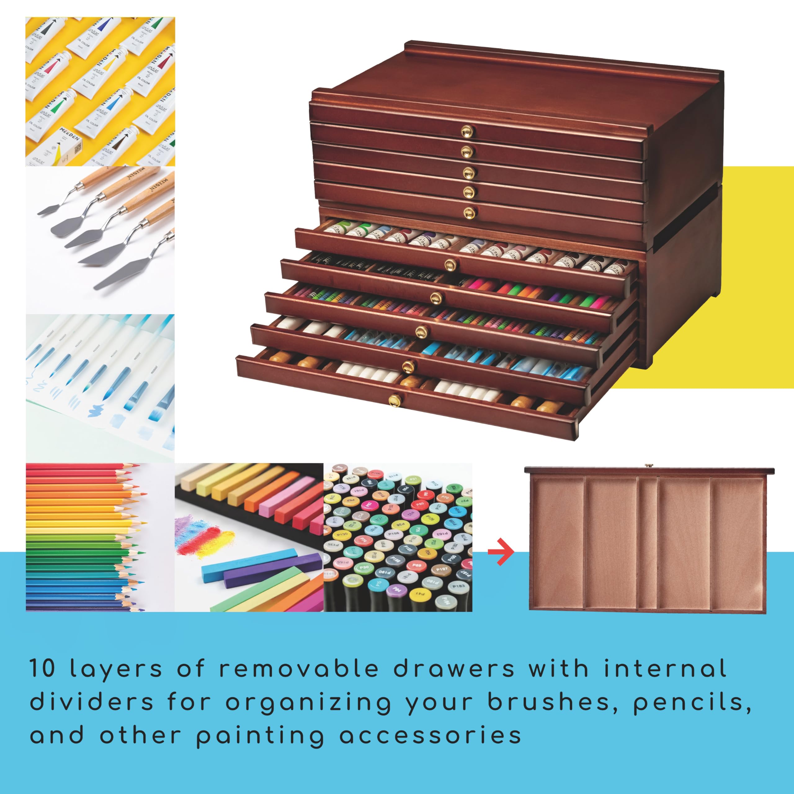 MEEDEN 10-Drawer Wooden Art Supply Organizer - Portable Beechwood Storage Box for Pencils, Brushes, Pastels & Makeup | Artist & Craft Storage Solution with Multiple Compartments (Mahogany) - Perfect for Studio, Classroom & Travel Art Kits