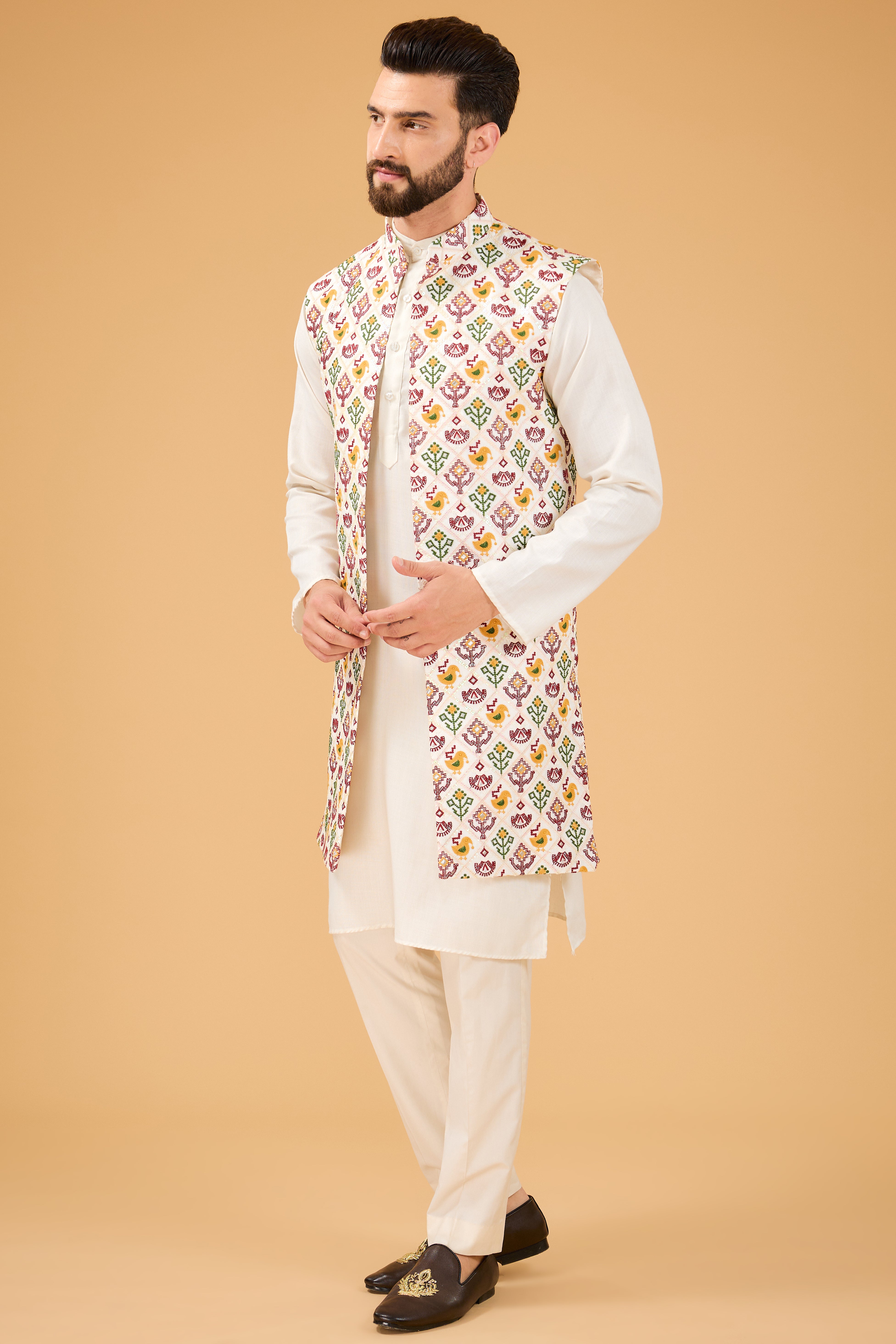 Ivory Long Open Shrug with Intricate Phulkari Embroidery - Elegant Boho Cover-Up for Weddings, Parties & Festive Occasions