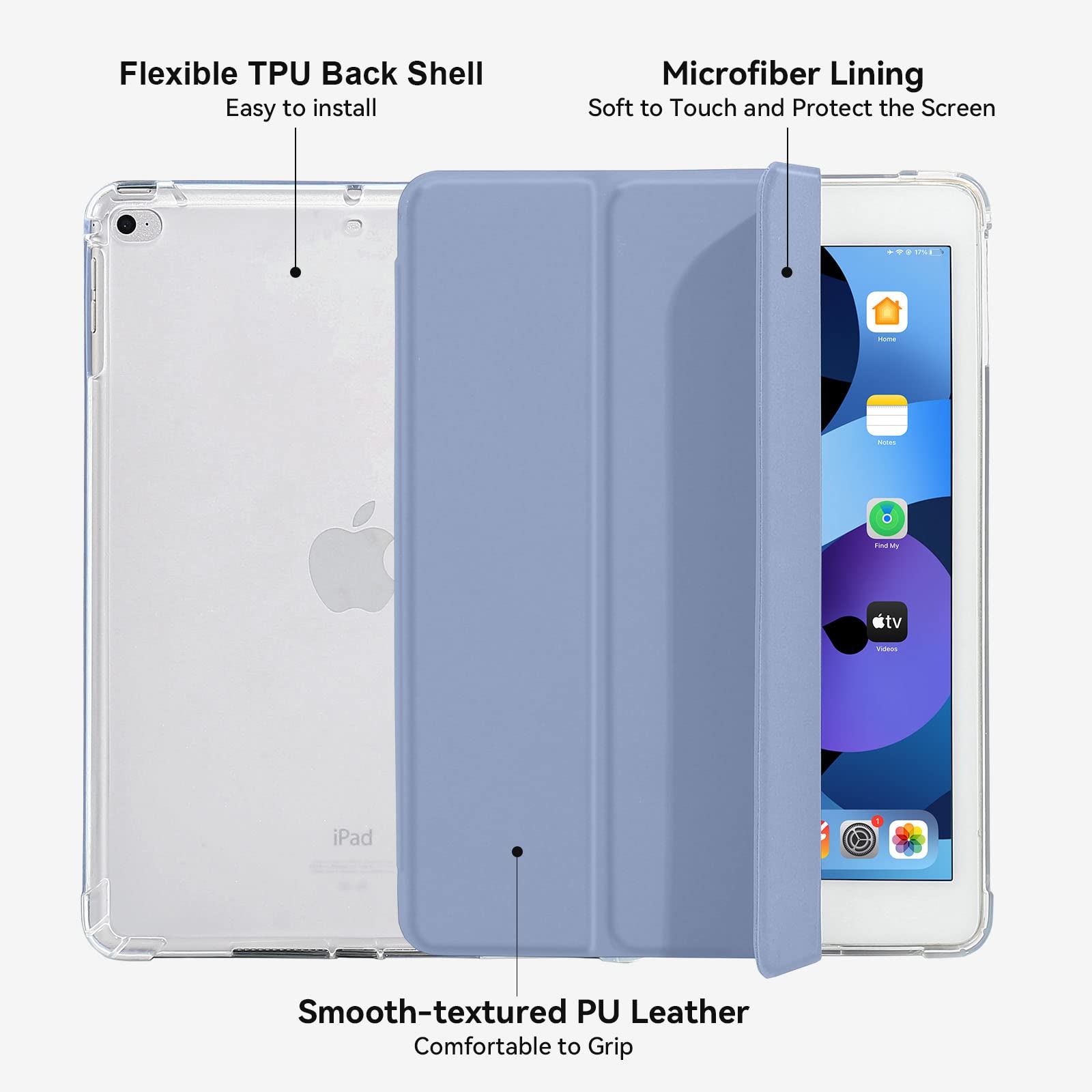 4UBonLife iPad 9.7 Inch Case for 6th/5th Generation (2018/2017) & iPad Air 1 (2013)/Air 2 (2014) - Slim Lightweight Soft TPU Cover with Pencil Holder, Translucent Back & Matte Finish - Lavender Gray - Perfect for School, Office & Travel Protection