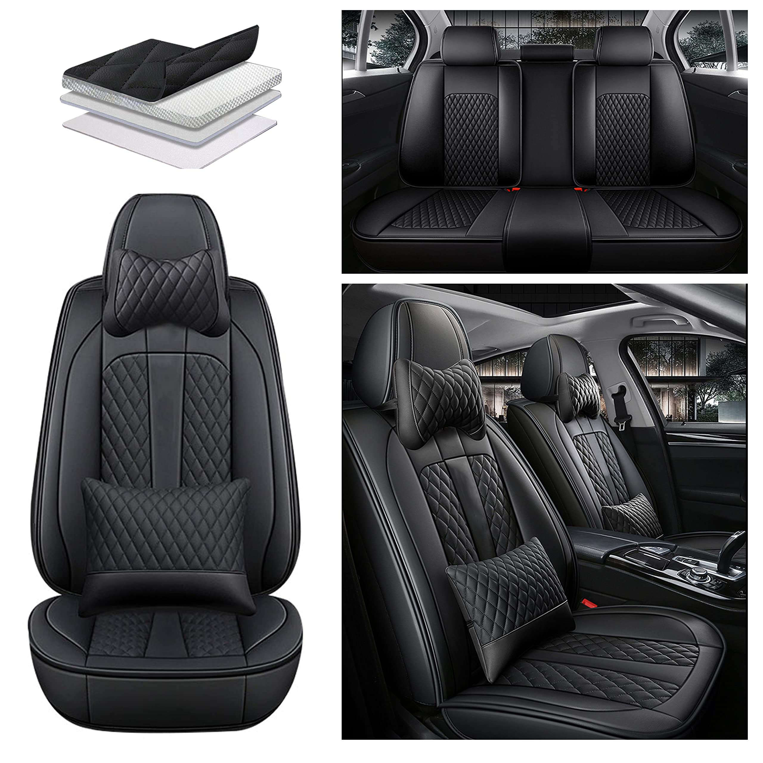 Awotzon Full Set PU Leather Car Seat Covers for Hyundai Sonata 2000-2022 Models | 5-Seater Universal Waterproof Seat Protector | Airbag Compatible Black Seat Cushion | Perfect for Daily Commute, Road Trips & Car Interior Protection