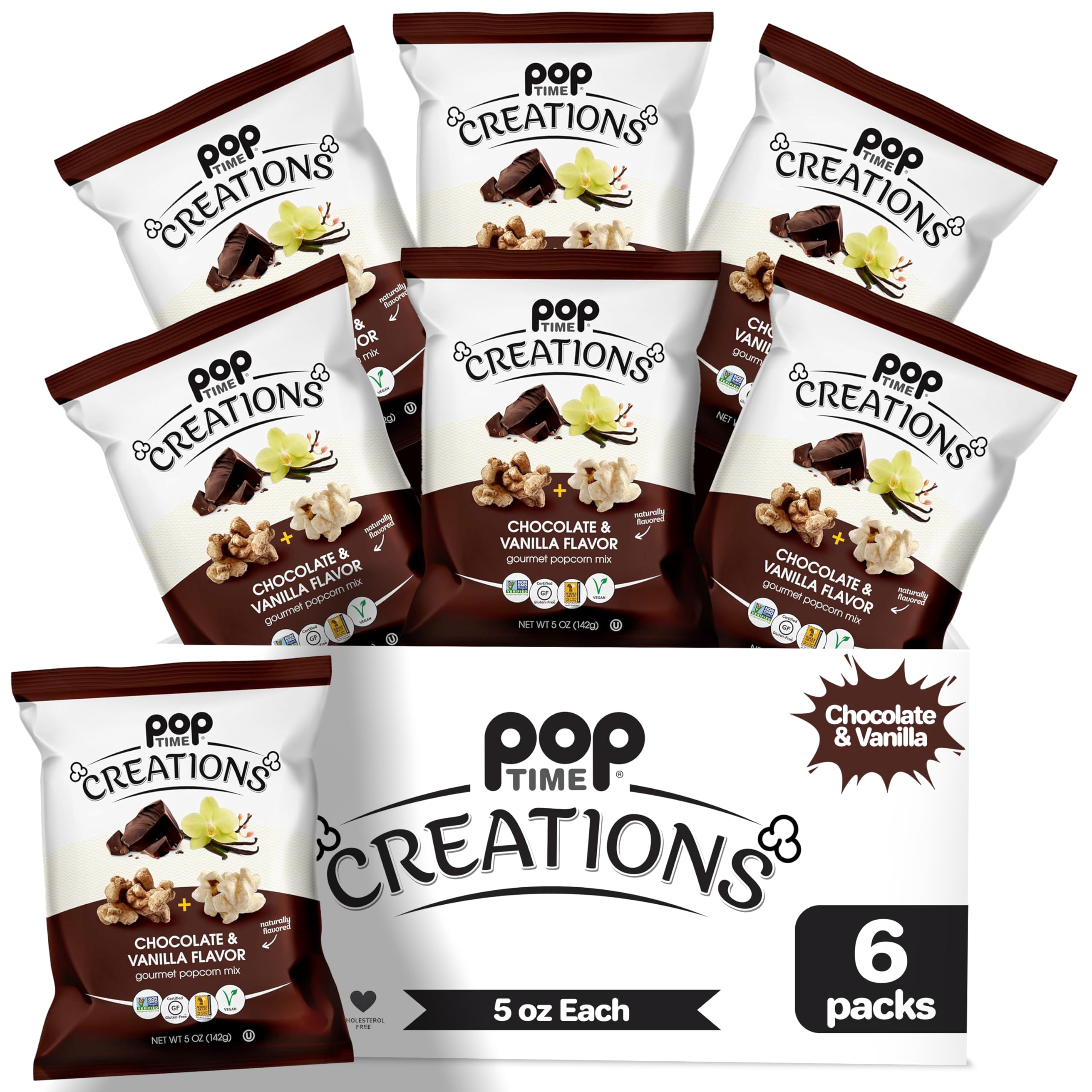 Poptime Creations Chocolate & Vanilla Flavored Popcorn - 6 Pack (5 Oz Bags) | Non-GMO, Gluten-Free, Vegan, Kosher Snacks | Whole Grain Healthy Treat for Movie Nights, Parties & Gifts