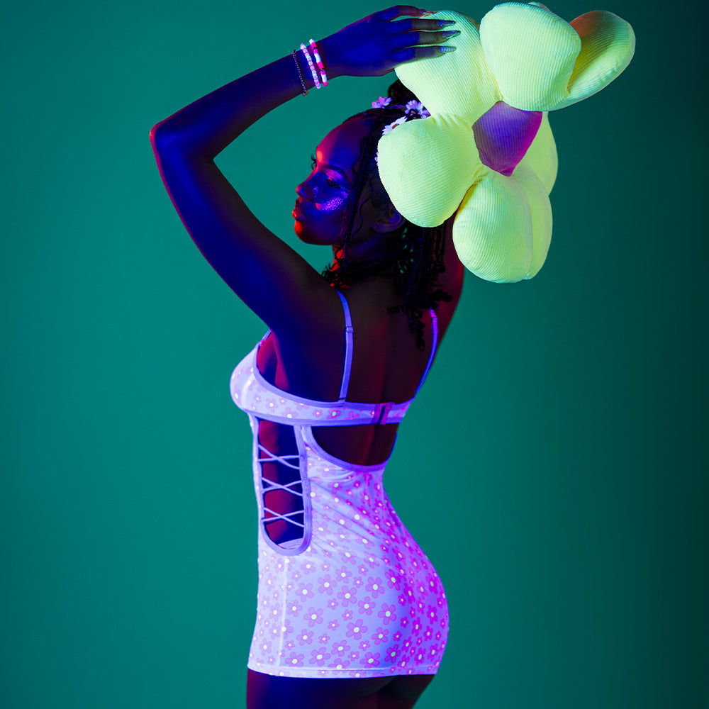 Sexy Exposed Daisy UV Reactive Strappy Cutout Bodycon Dress & Thong Set - Clubwear, Rave Outfit, Festival Fashion, Night Out Party Dress