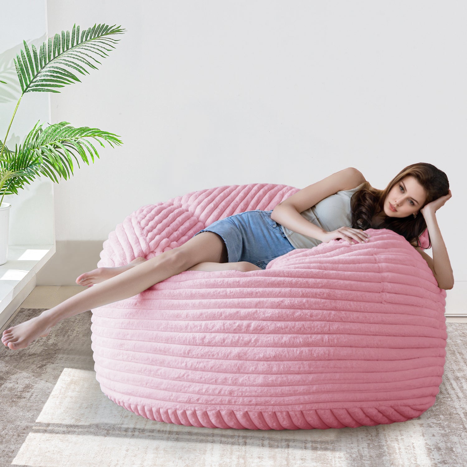 MAXYOYO Giant Bean Bag Chair Bed - Striped Faux Fur Convertible Beanbag in Pink | Oversized Lounger for Living Room, Bedroom & Game Room | Perfect for Relaxing, Reading & Movie Nights