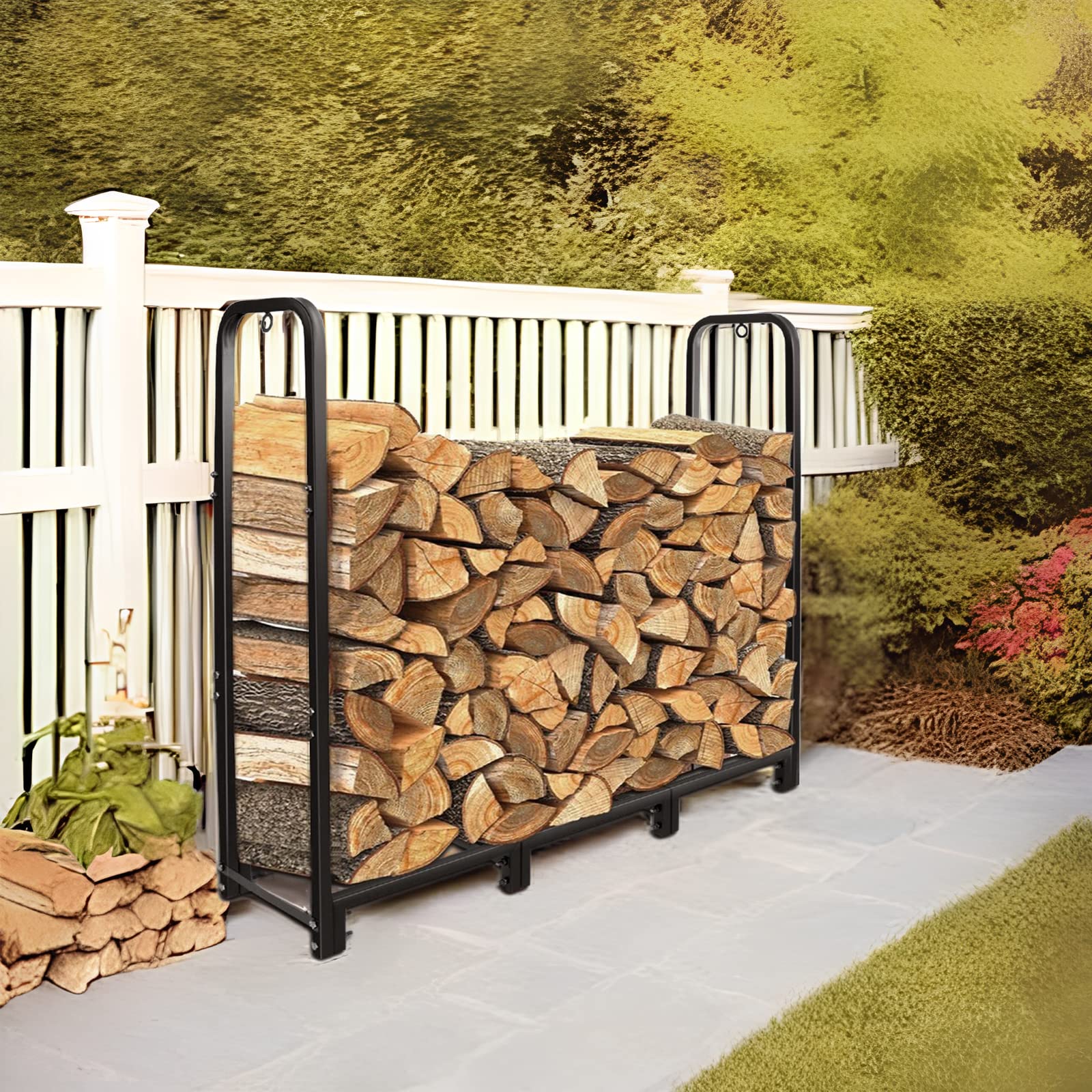 Heavy Duty 4ft Firewood Rack Stand - Indoor/Outdoor Metal Log Holder for Fireplace, Wood Storage & Stacking - Matte Black - Perfect for Patio, Backyard, and Fireplace Wood Organization