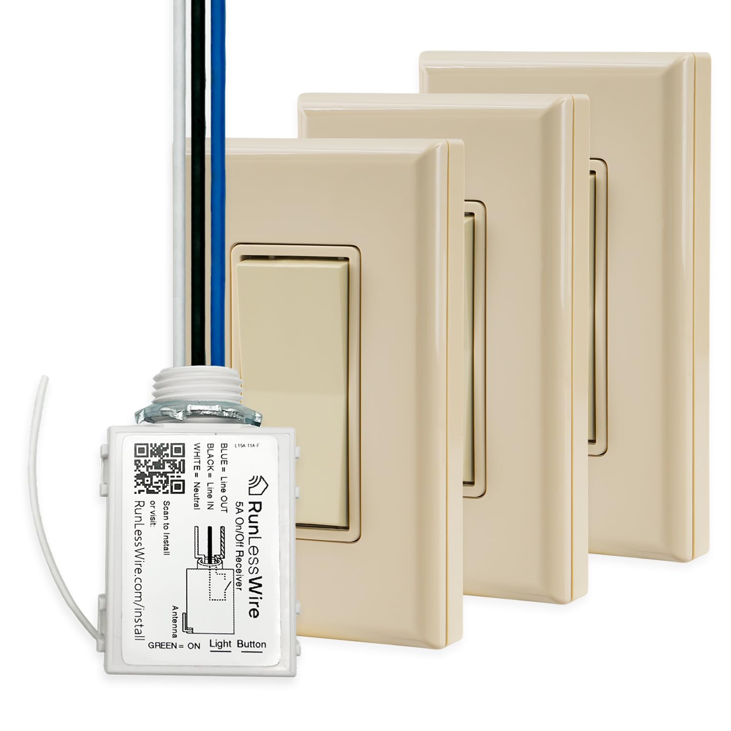 RunLessWire 4-Way Wireless Light Switch Kit - Battery-Free Self-Powered Kinetic Remote Wall Switch with 150ft RF Range (1 On/Off Receiver + 3 Switches) in Light Almond - Perfect for Home Automation, Smart Lighting Control & DIY Electrical Projects