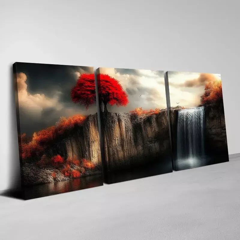 3-Piece Red Tree On The Cliff with Waterfall Canvas Wall Art Set - Framed 50x70cm (19.7x27.6in) High Quality Print | 100% Australian Made | Ready to Hang | Perfect for Living Room, Bedroom & Office Decor
