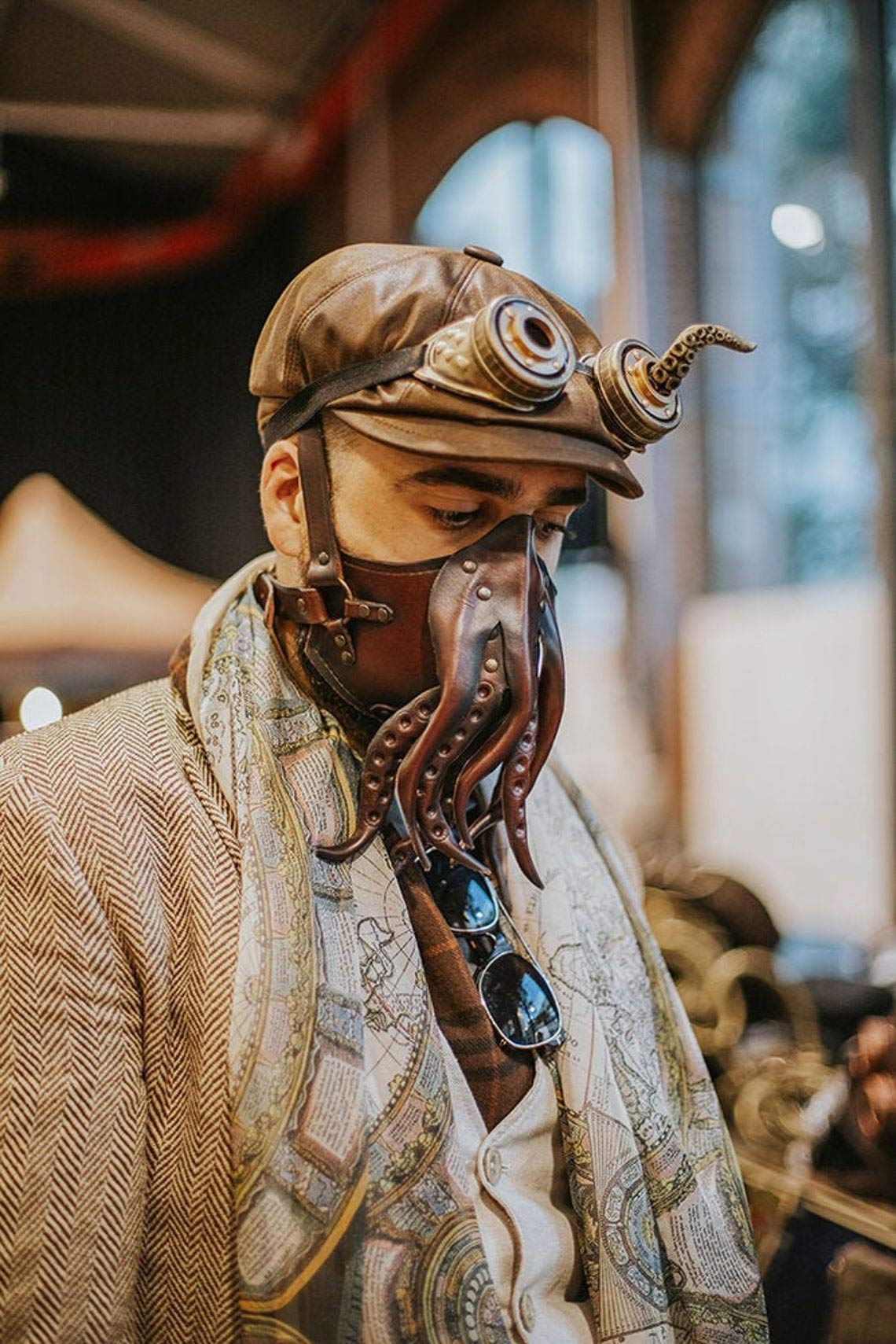 Steampunk Leather Mask - Cthulhu Octopus Design for Cosplay & Halloween Costume - Perfect for LARP, Gothic Fashion, and Horror Conventions