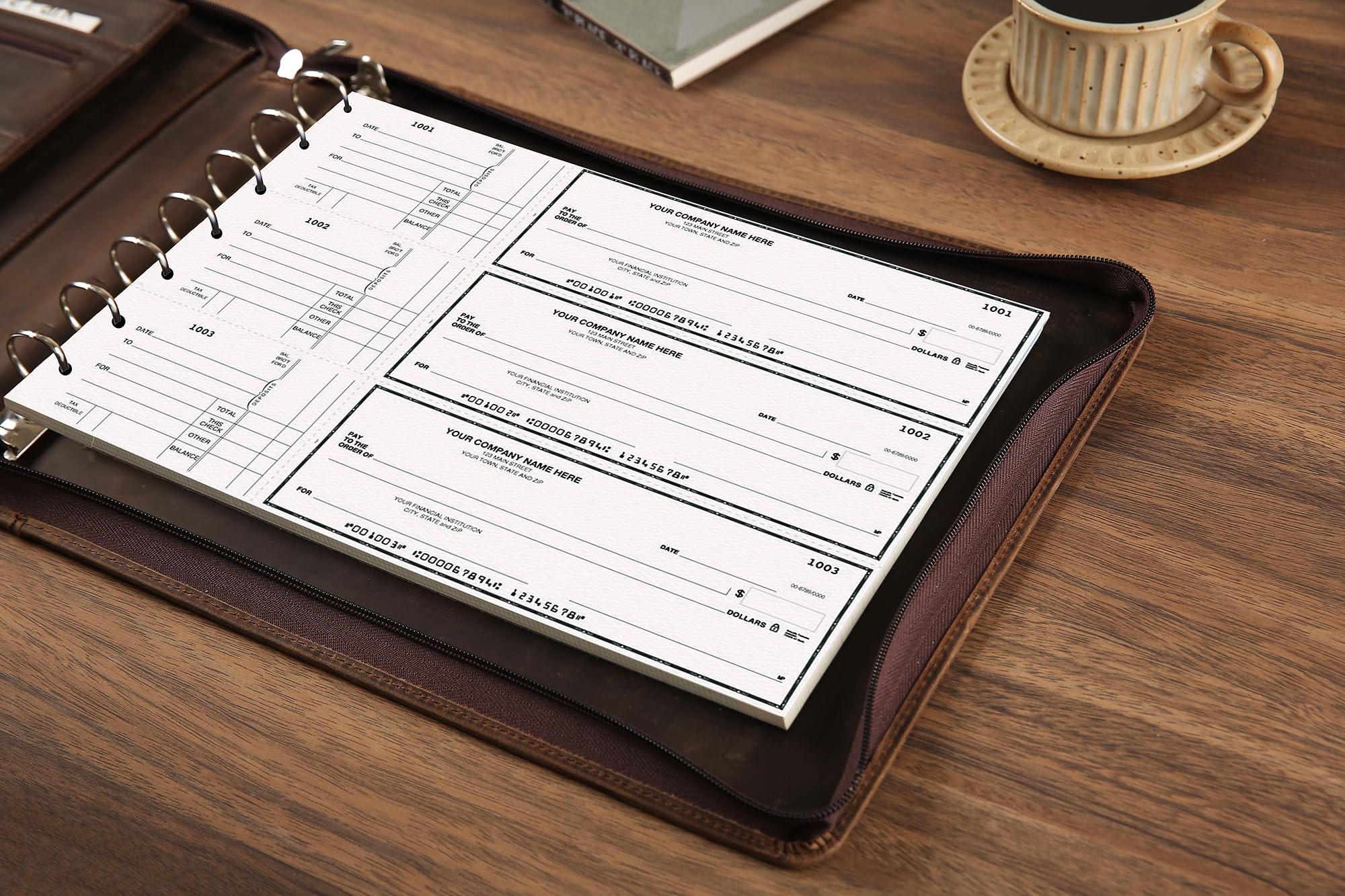 Premium Leather Business Checkbook Binder - 7-Ring Zippered Organizer with Checkbook Holder for 3 Per Page Checks, 600 Checks Capacity for 9x13 Inch Sheets, Dark Khaki - Ideal for Office, Accounting & Financial Management