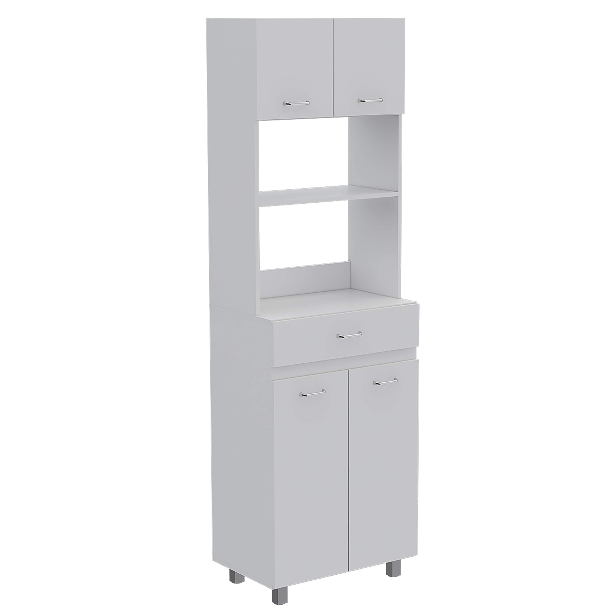 White Auburn Microwave Pantry Cabinet with 2 Storage Cabinets, 2 Open Shelves & Drawer - Perfect for Kitchen Organization & Small Space Storage