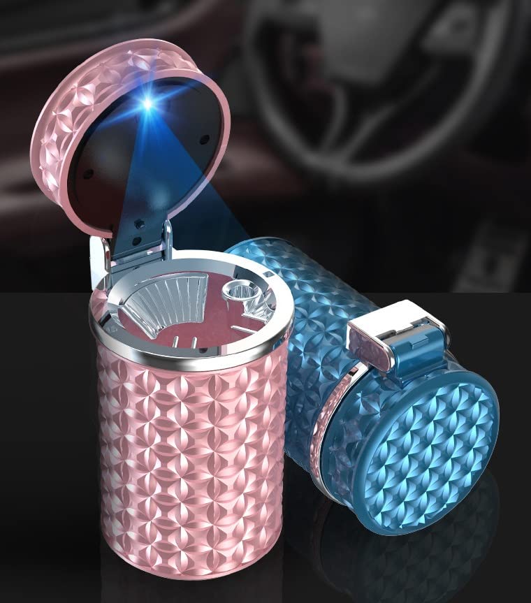 Portable Car Ashtray with Lid - Mini LED Light Car Trash Can for Cigarettes, Home & Office Use - Leakproof & Odor Control - Perfect for Road Trips, Commuting & Smoking Areas (Dark Blue)