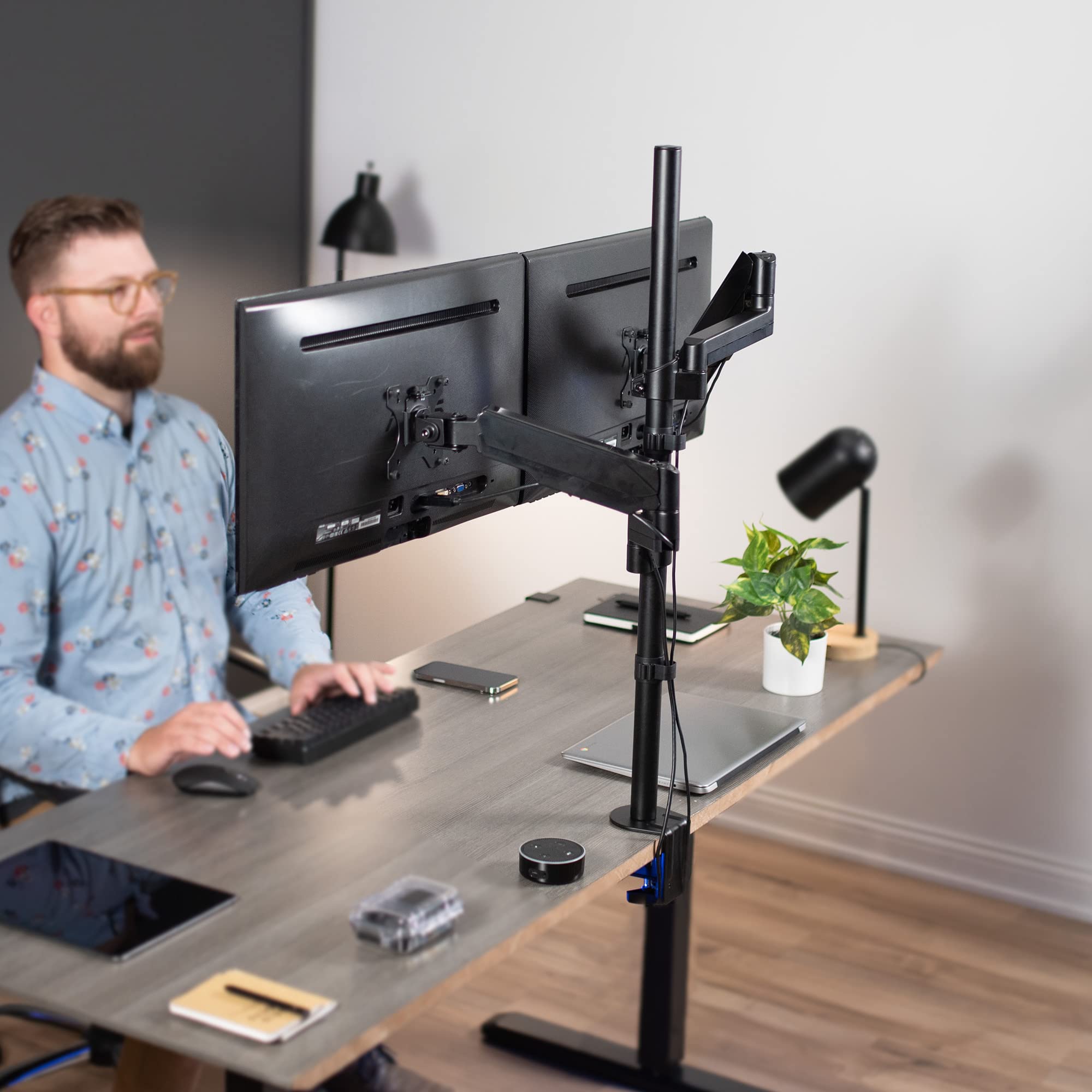 VIVO Dual Monitor Arm Stand - Extra Tall Heavy Duty Mount for 32 Inch Screens, Pneumatic Height Adjustment, Full Motion Articulating VESA Mount with C-Clamp & Grommet Base - Perfect for Home Office, Gaming & Workstation Setup