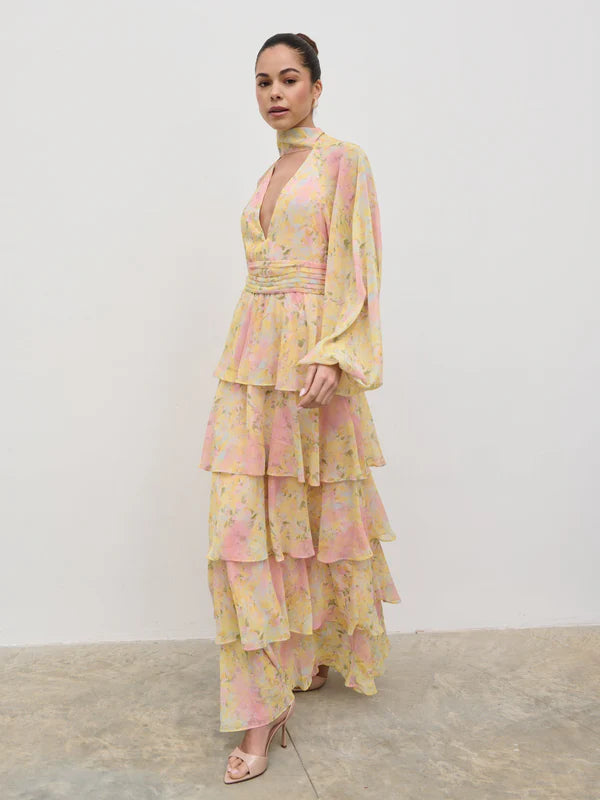Anya Ruffle Maxi Dress - Pastel Floral Print Summer Dress for Women | Beach Wedding, Vacation, Date Night Outfit