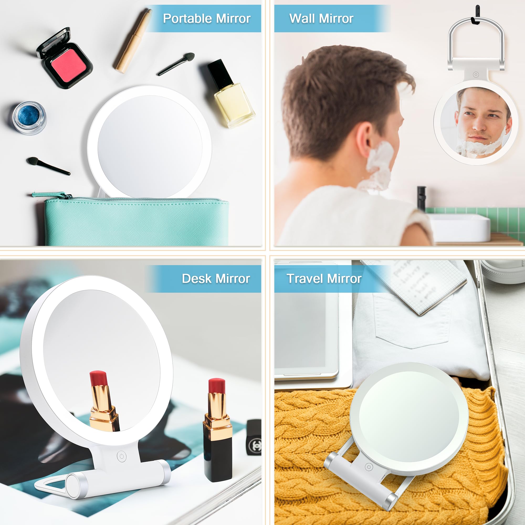 MIYADIVA 20X Magnifying Mirror with LED Light - Dual-Sided 1X/20X Vanity Mirror with Adjustable Handle & Touch Switch - Perfect for Travel Makeup, Eyebrow Plucking, Skincare & Shaving
