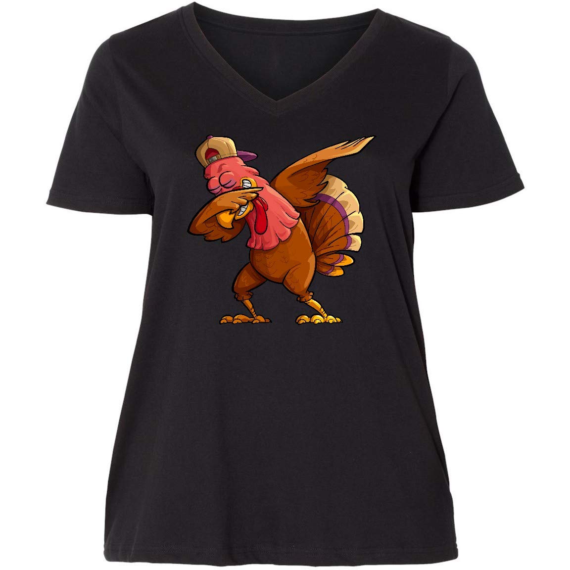 Inktastic Dabbing Turkey Thanksgiving Women's Plus Size V-Neck T-Shirt - Funny Holiday Graphic Tee for Thanksgiving Parties & Family Gatherings