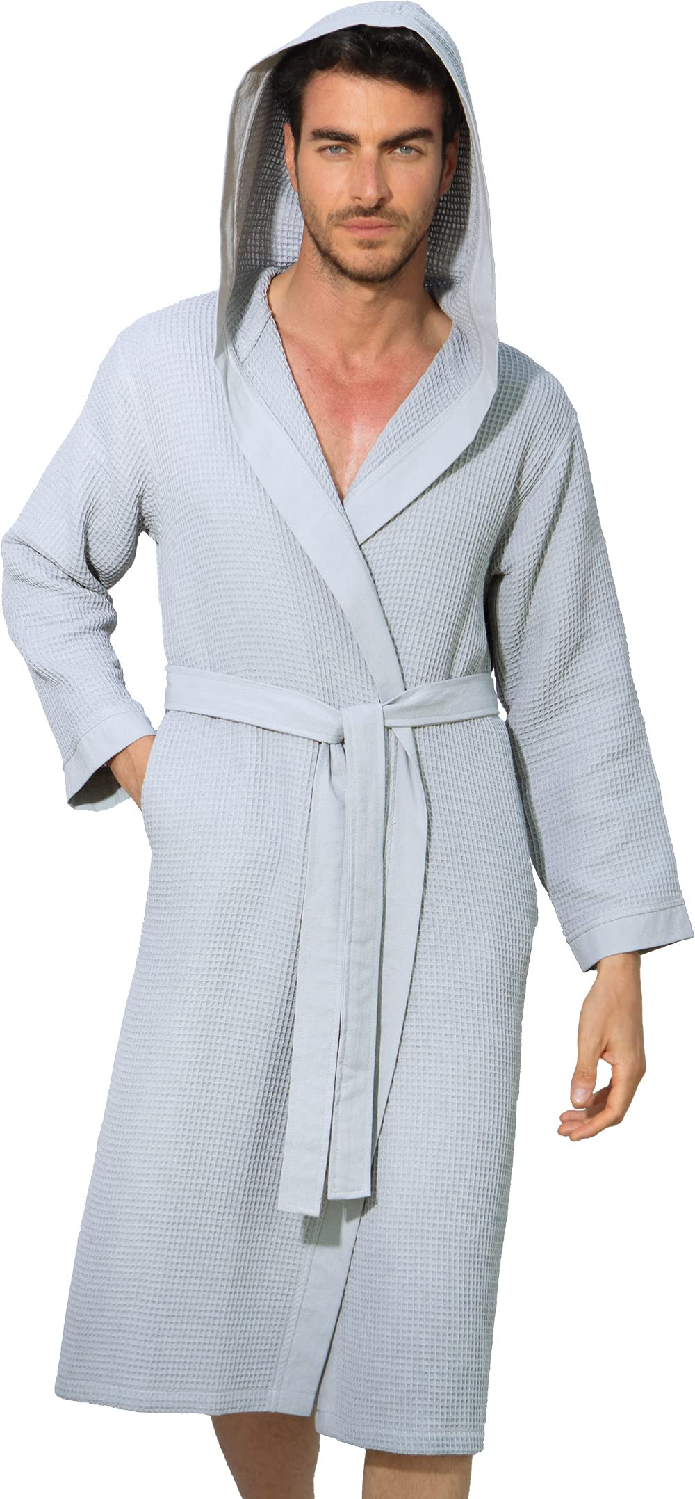 SEYANTE Men's Lightweight Cotton Waffle Weave Robe with Hood - Ultra Soft Full-Length Bathrobe for Spa, Sleepwear & Relaxation at Home
