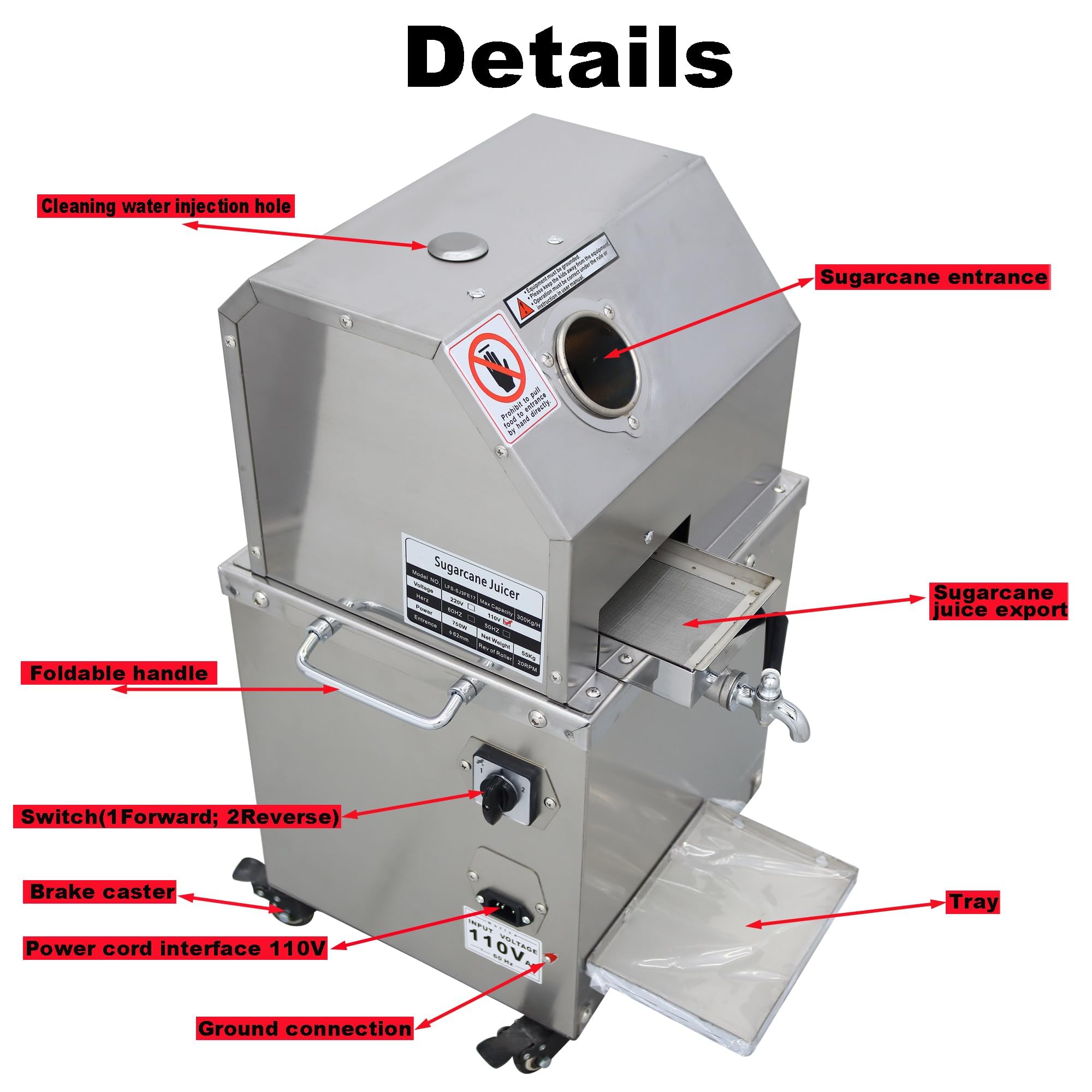 Electric Sugar Cane Juicer Machine - 300Kg/H Commercial Vertical Sugarcane Press with 3 Stainless Steel Rollers & 2 Knives - 110V for Fresh Juice Bars, Restaurants, and Home Use