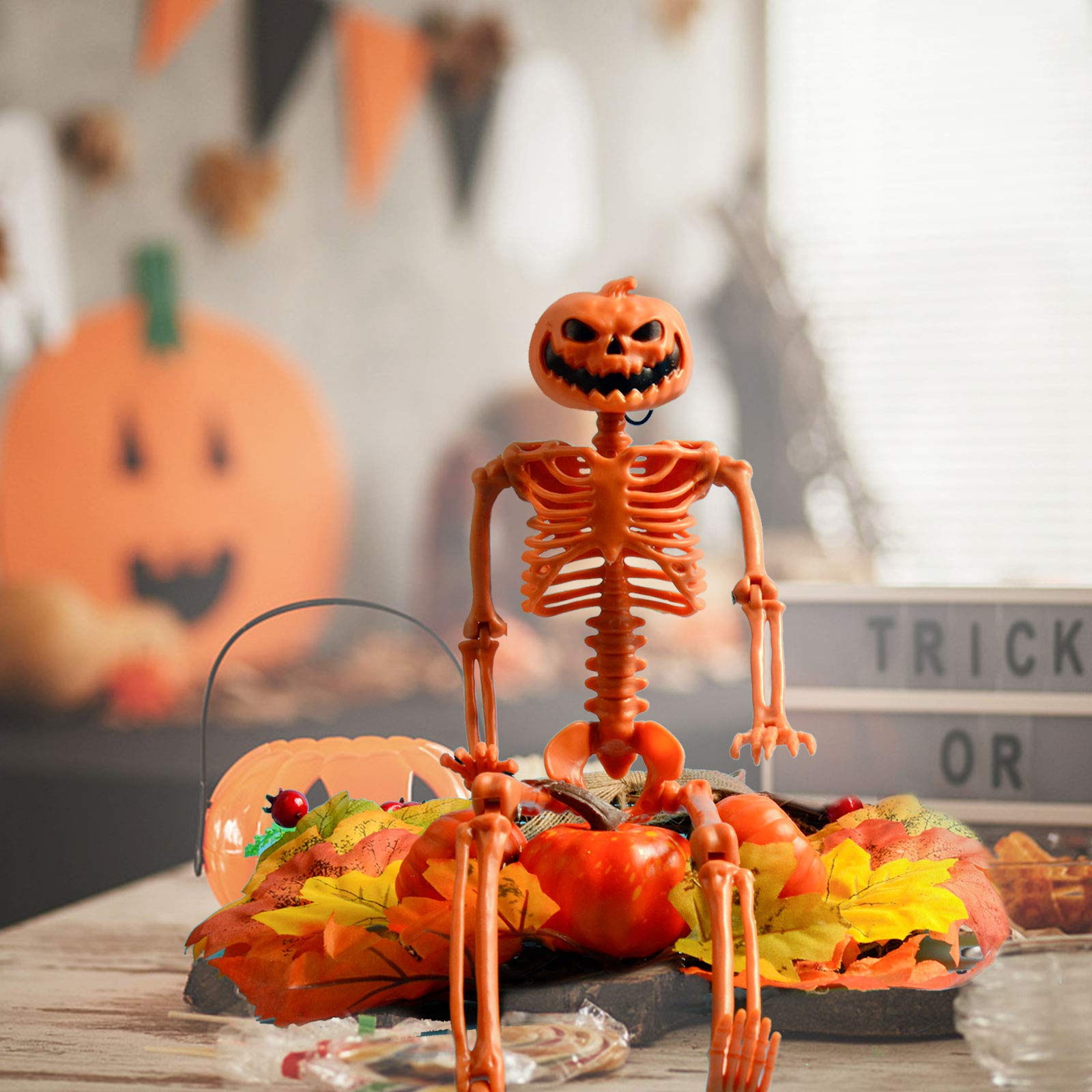 16'' Halloween Skeleton Decor - Full Body Pumpkin Head Skeleton for Halloween Party, Haunted House & Outdoor Yard Decoration