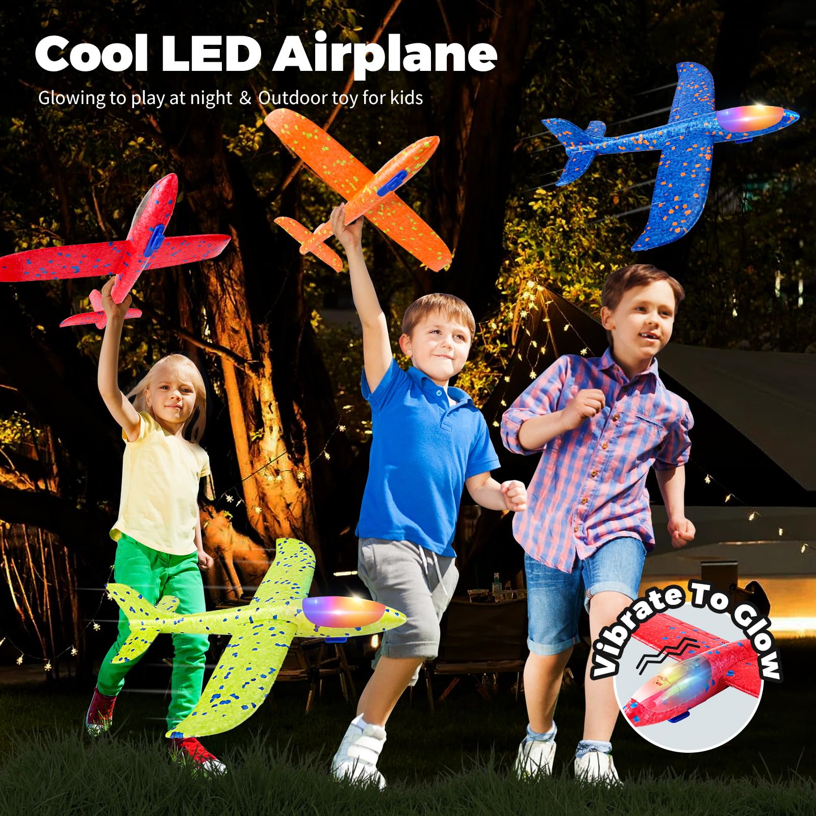 SpringFlower 4 Pack LED Foam Glider Airplanes - Outdoor Flying Toys for Kids Ages 3-8 with 2 Flight Modes | Easter Basket Stuffer & Birthday Gift for Boys & Girls | Fun Outdoor Play, Backyard Games & Summer Activities