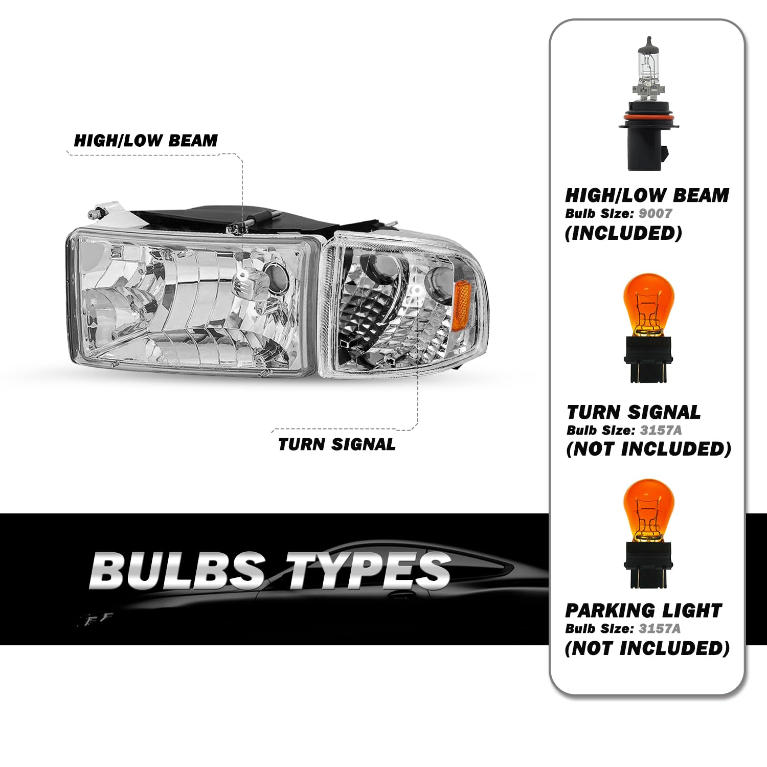 Halogen Headlight Assembly Replacement for 1994-2001 Dodge Ram 1500 & 1994-2002 Dodge Ram 2500/3500 Pickup Truck - 4PC Headlamp Kit with Corner Lights & Chrome Housing (Bulbs Included) - Perfect for Night Driving & Off-Road Adventures
