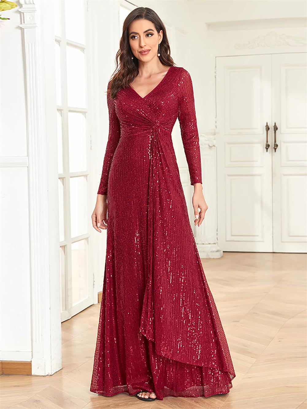Elegant Long Sleeve V-Neck Sequin Evening Dress for Women - Wedding Guest Gown, Party Cocktail Dress, Formal Occasions & Special Events